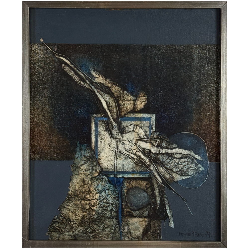Rowland Fade abstract Brutalist mixed media composition in blue, signed