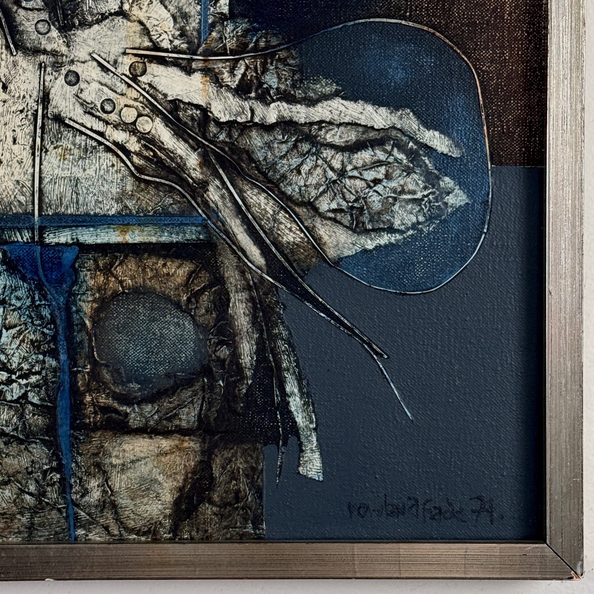 Rowland Fade abstract Brutalist mixed media composition in blue, signed