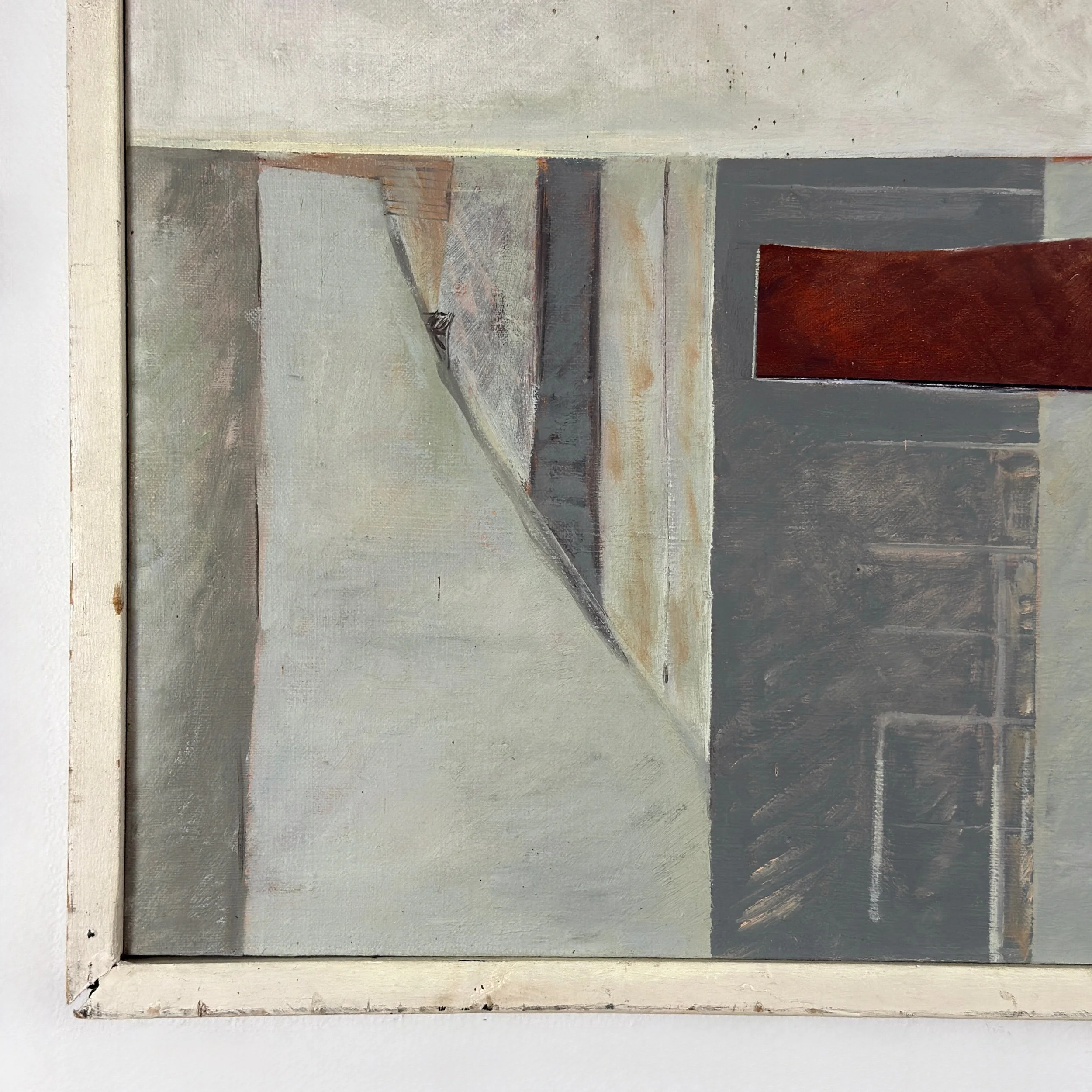 Frame detail, weathered slats, white-yellowish patina, wear consistent with age
