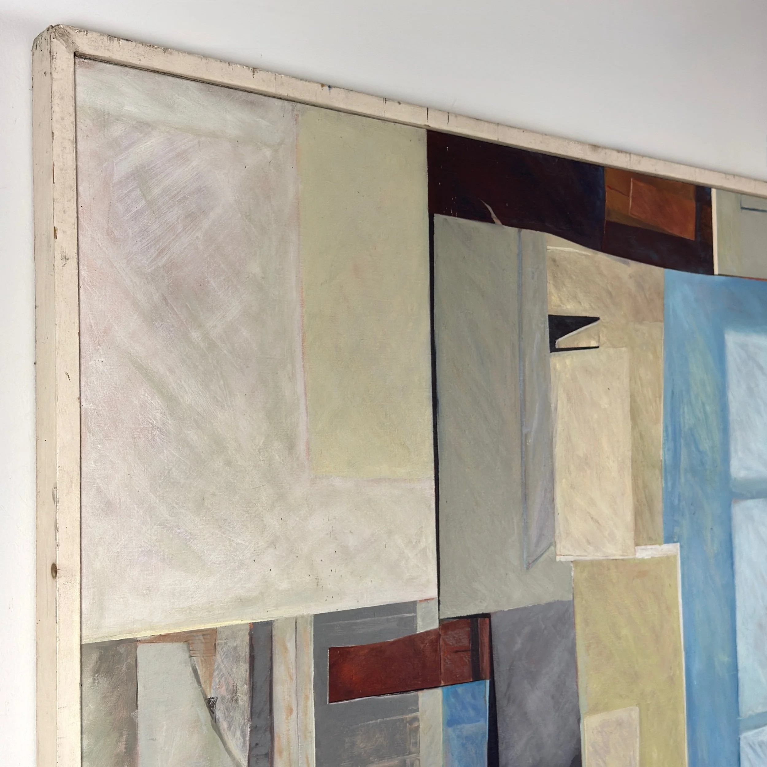 Frame detail, weathered slats, white-yellowish patina, wear consistent with age