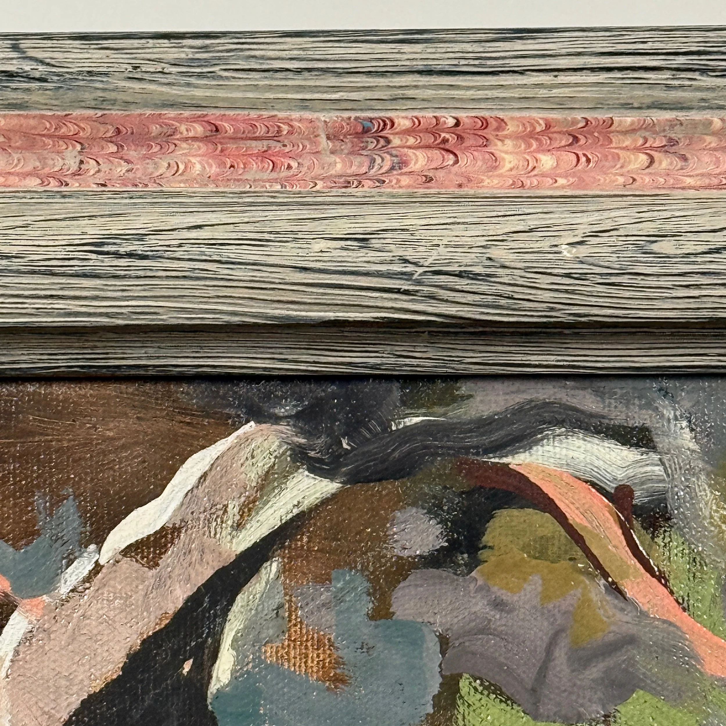 Framed Expressionist painting, pale grey frame, pink marbleized trim