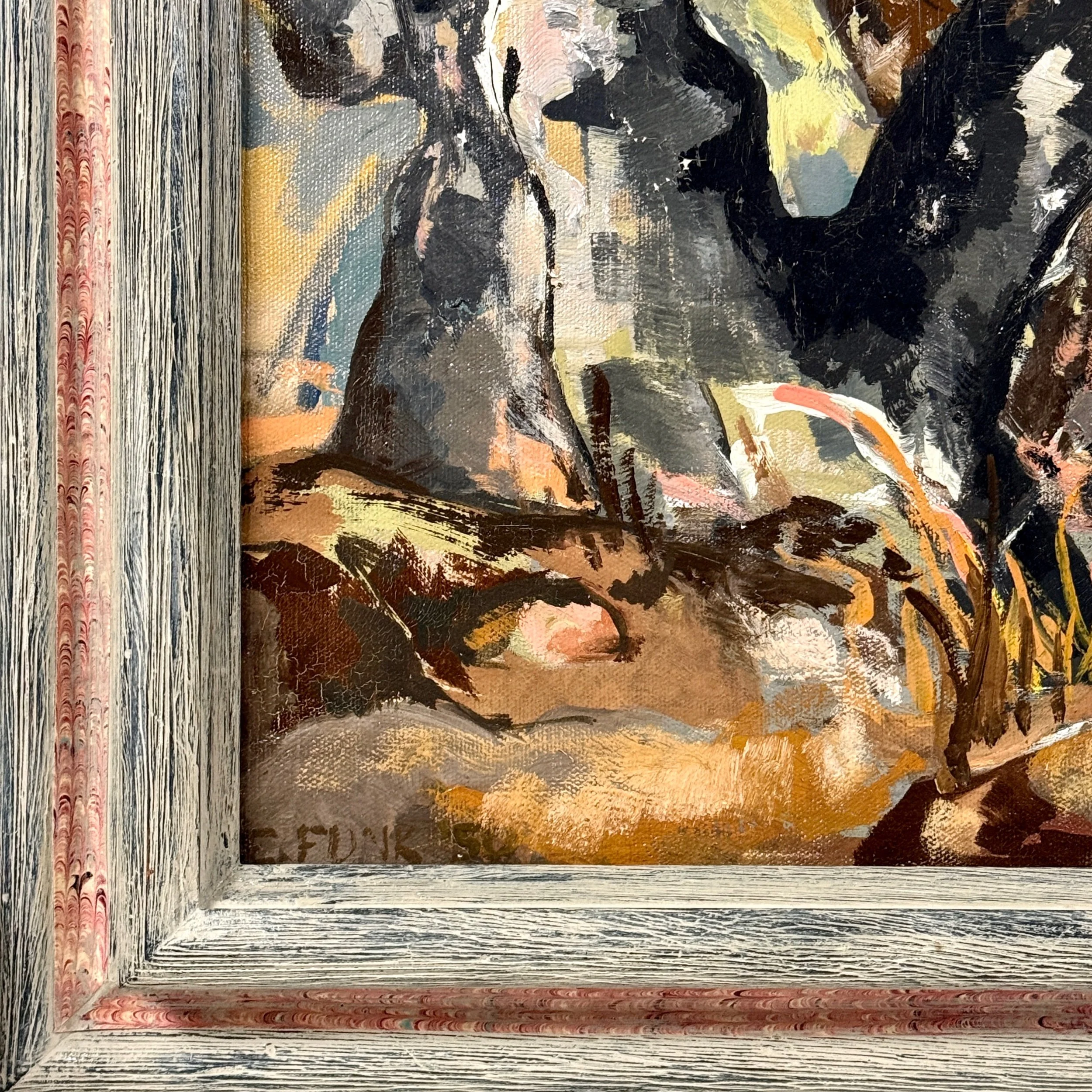 Pale grey washed frame with pink marbleized trim, Expressionist painting