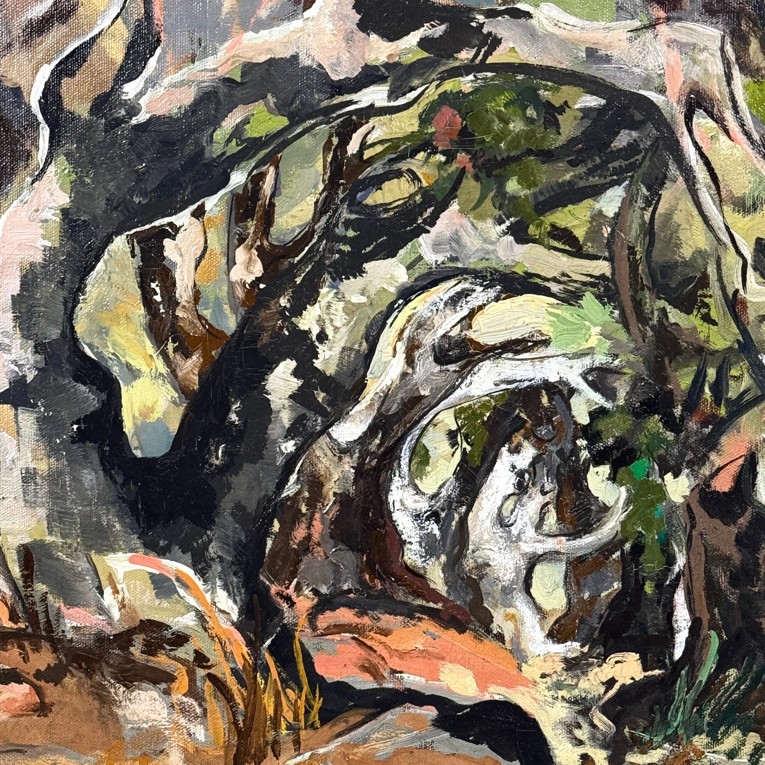 Tree-lined path, Expressionist oil painting, signed and dated