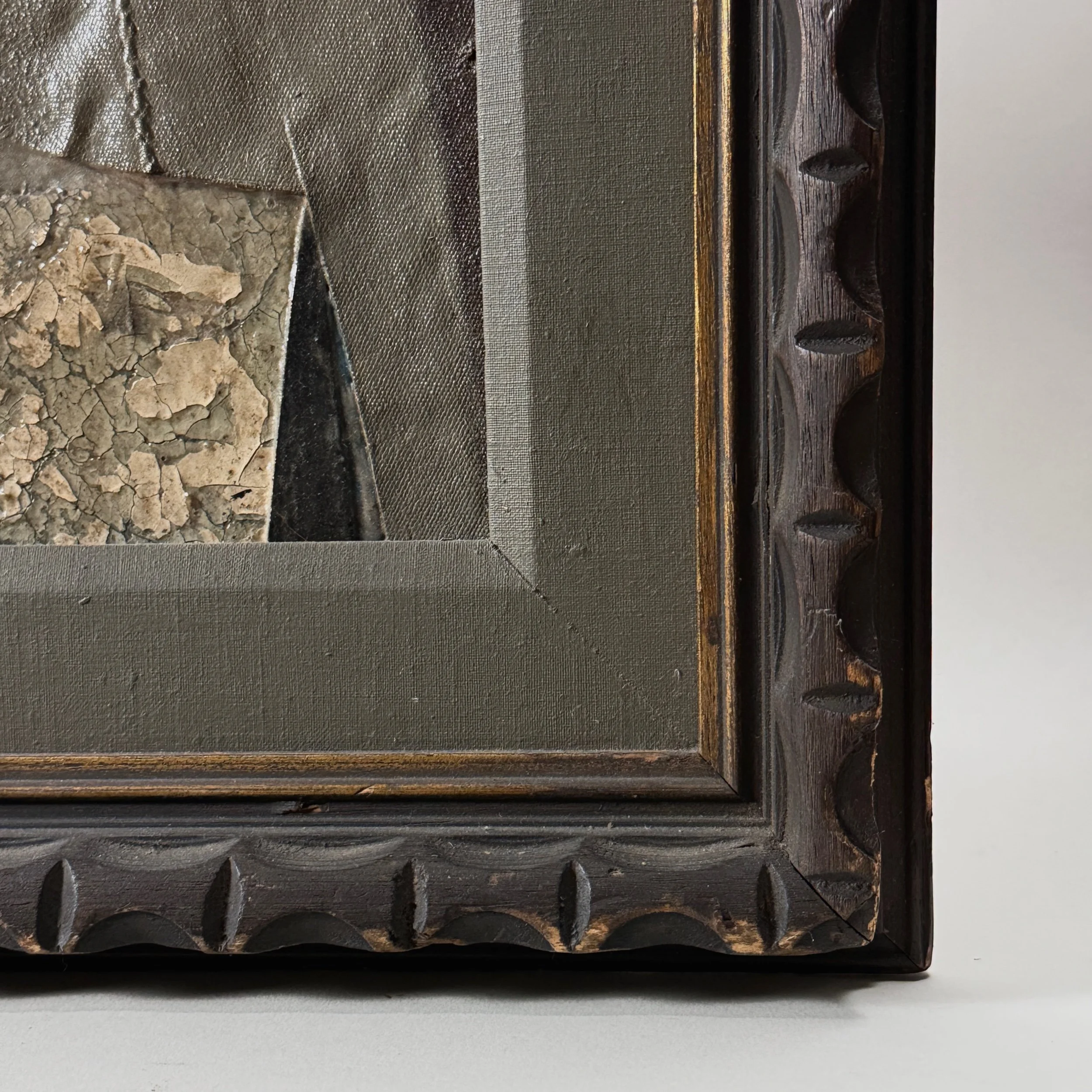 Hand-carved wood frame with grey inset trim, Pollaro portrait