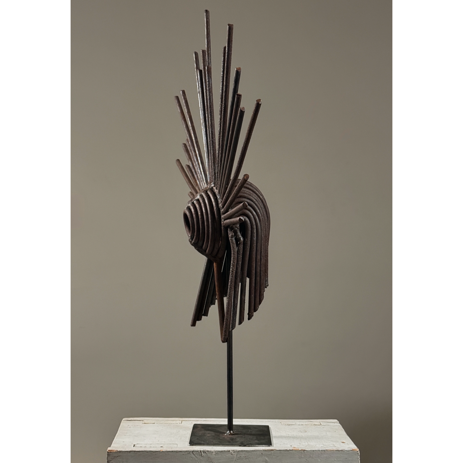 Vintage Brutalist hand-forged abstract iron sculpture on stand