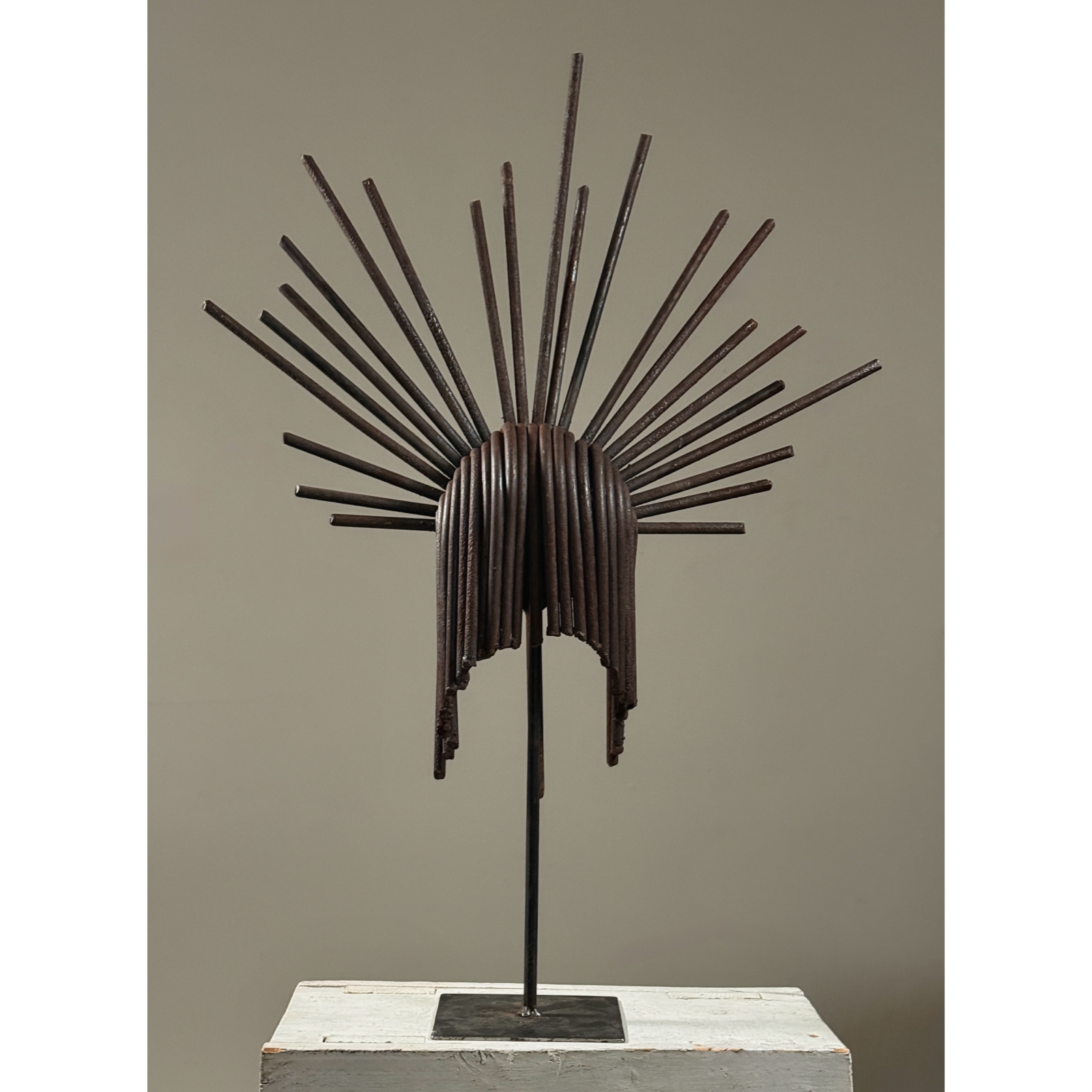 Vintage Brutalist hand-forged abstract iron sculpture on stand