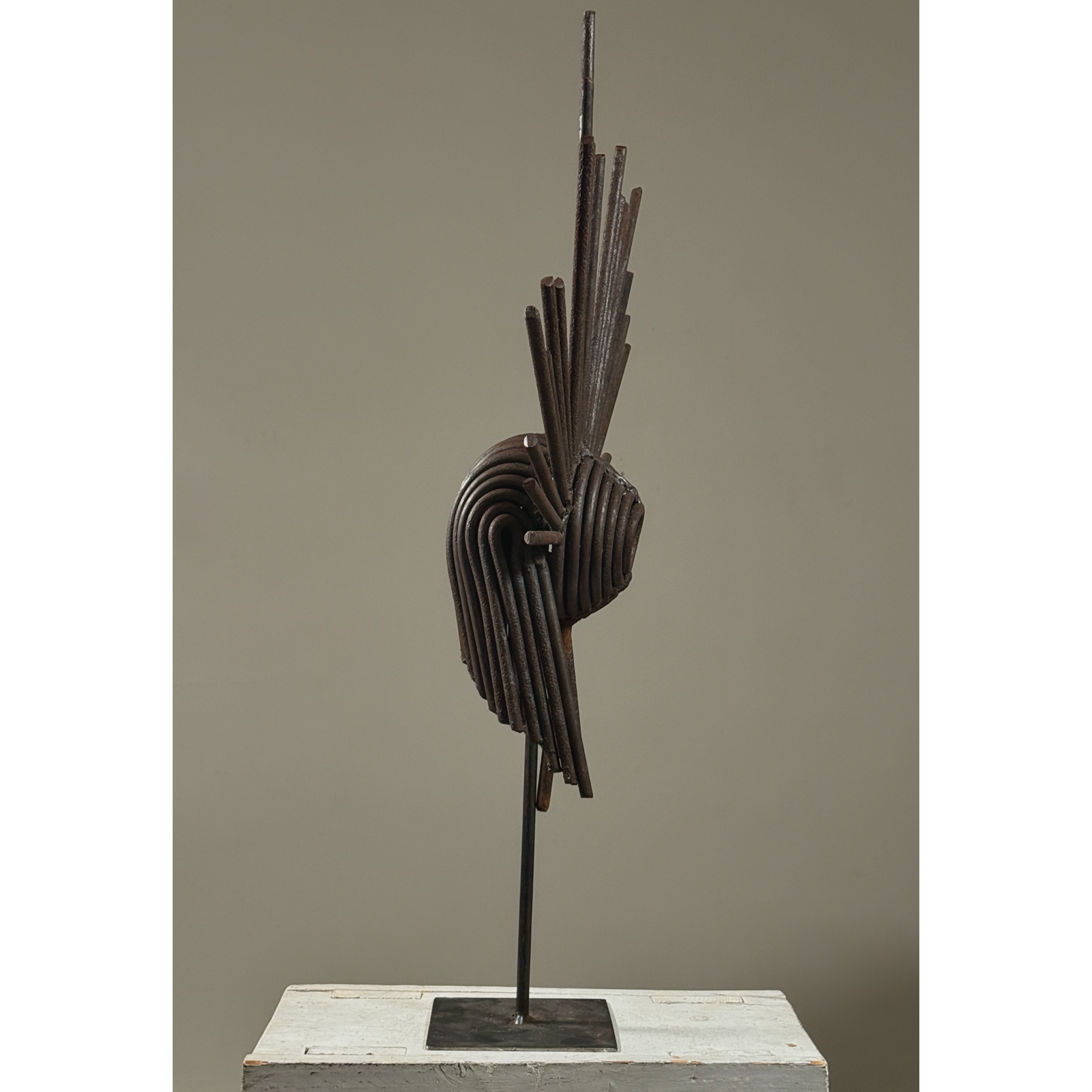 Vintage Brutalist hand-forged abstract iron sculpture on stand