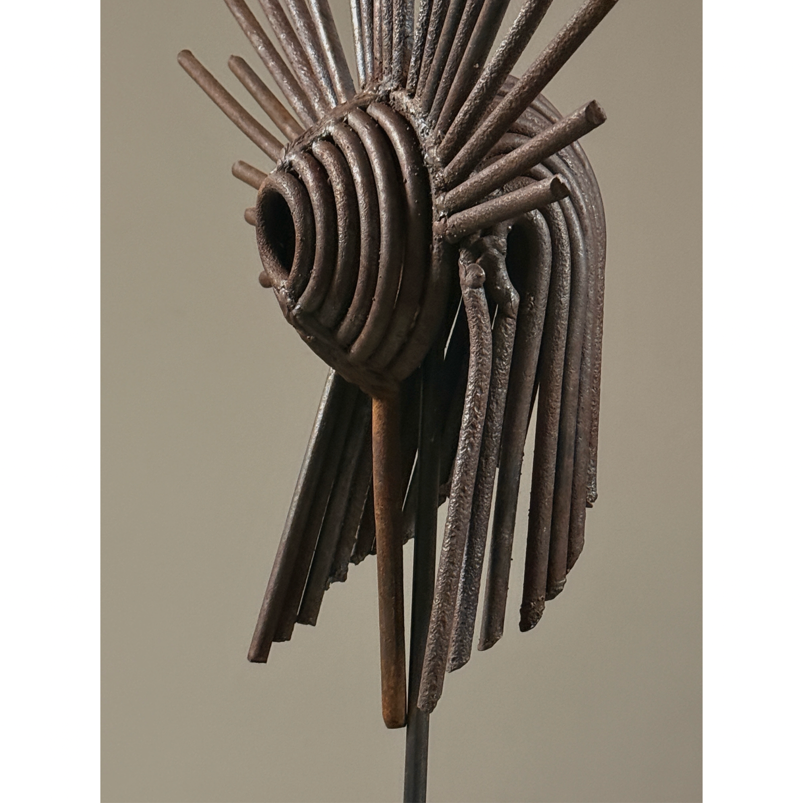 Vintage Brutalist hand-forged abstract iron sculpture on stand