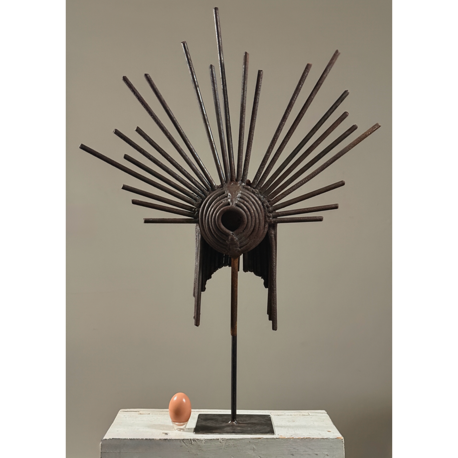 Vintage Brutalist hand-forged abstract iron sculpture on stand