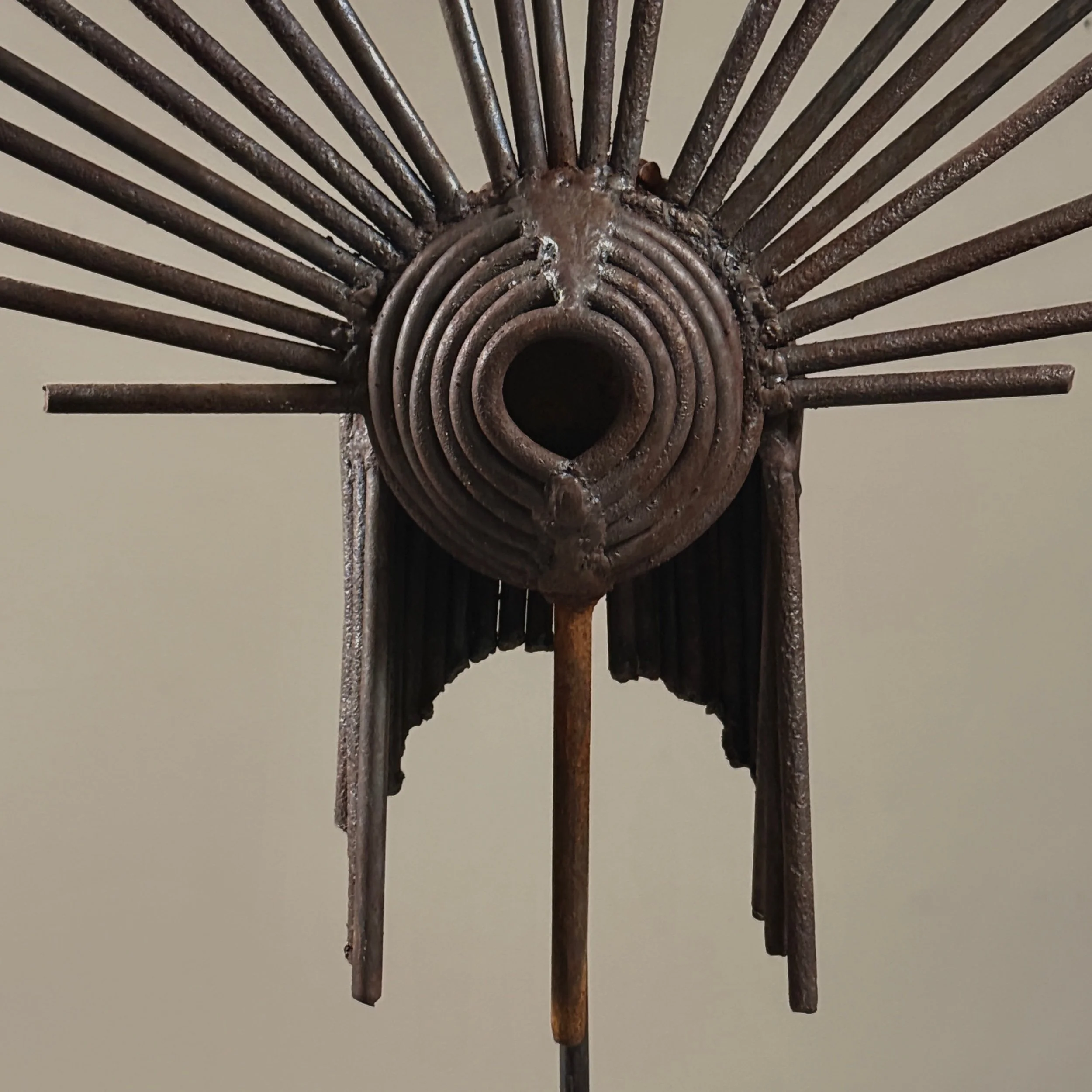Vintage Brutalist hand-forged abstract iron sculpture on stand