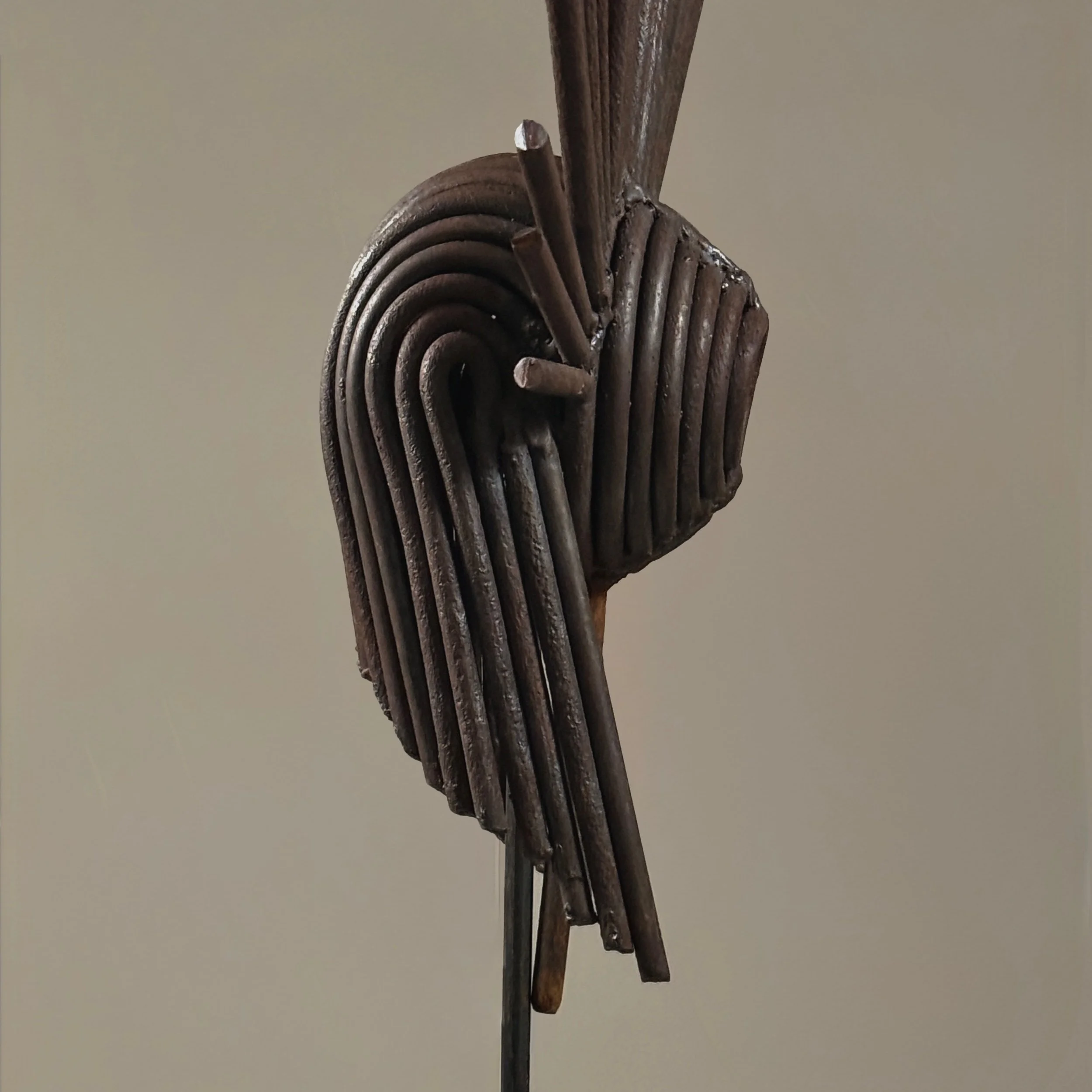 Vintage Brutalist hand-forged abstract iron sculpture on stand