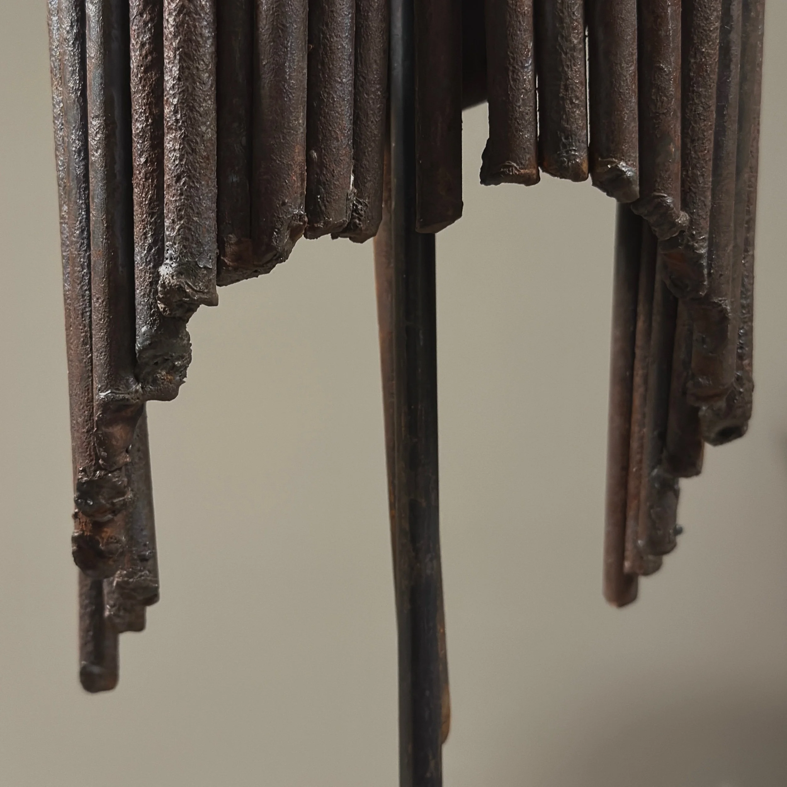 Vintage Brutalist hand-forged abstract iron sculpture on stand