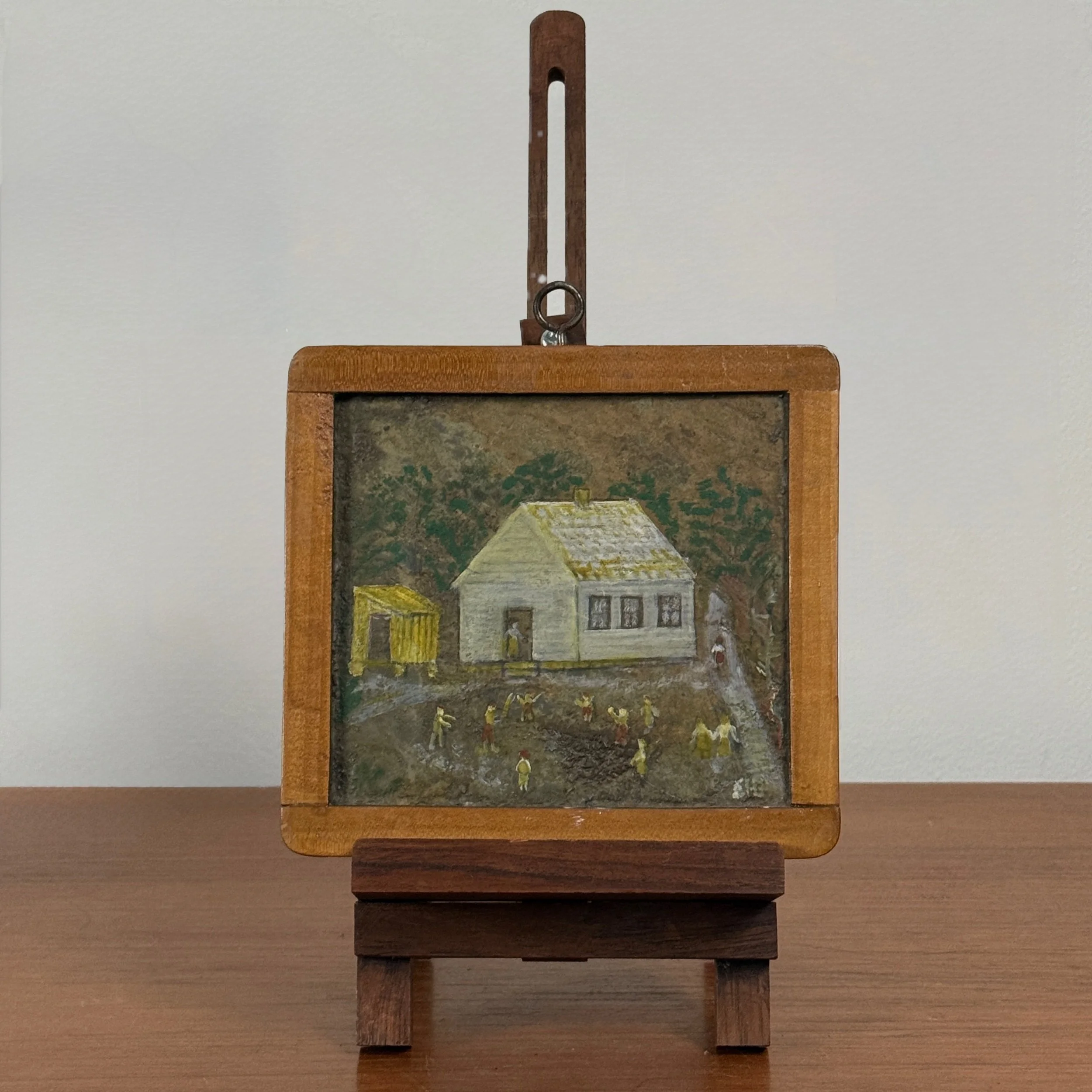 Antique folk art double-sided painting on slate, framed, building and figures