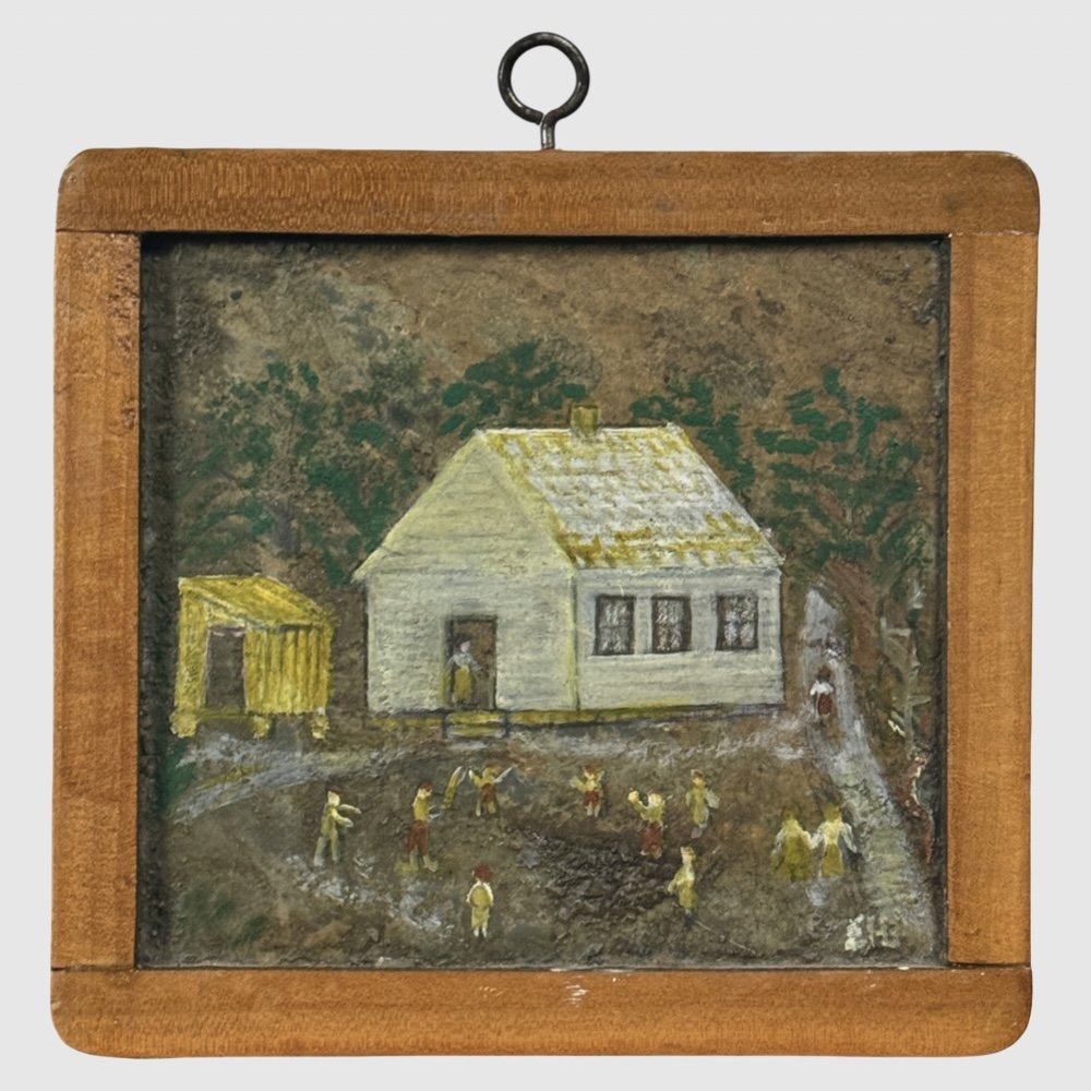 Antique folk art double-sided painting on slate, framed, building and figures