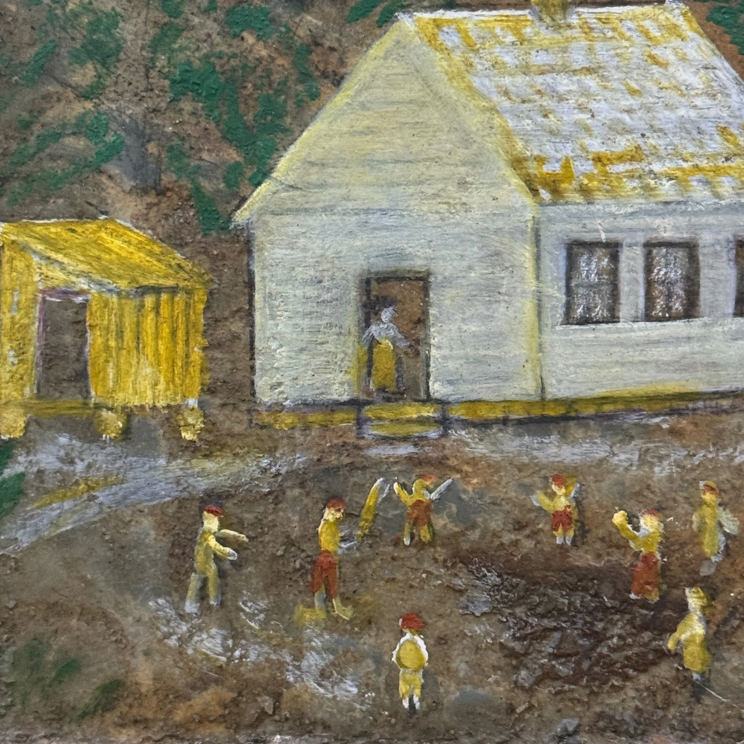 Antique folk art double-sided painting on slate, framed, building and figures