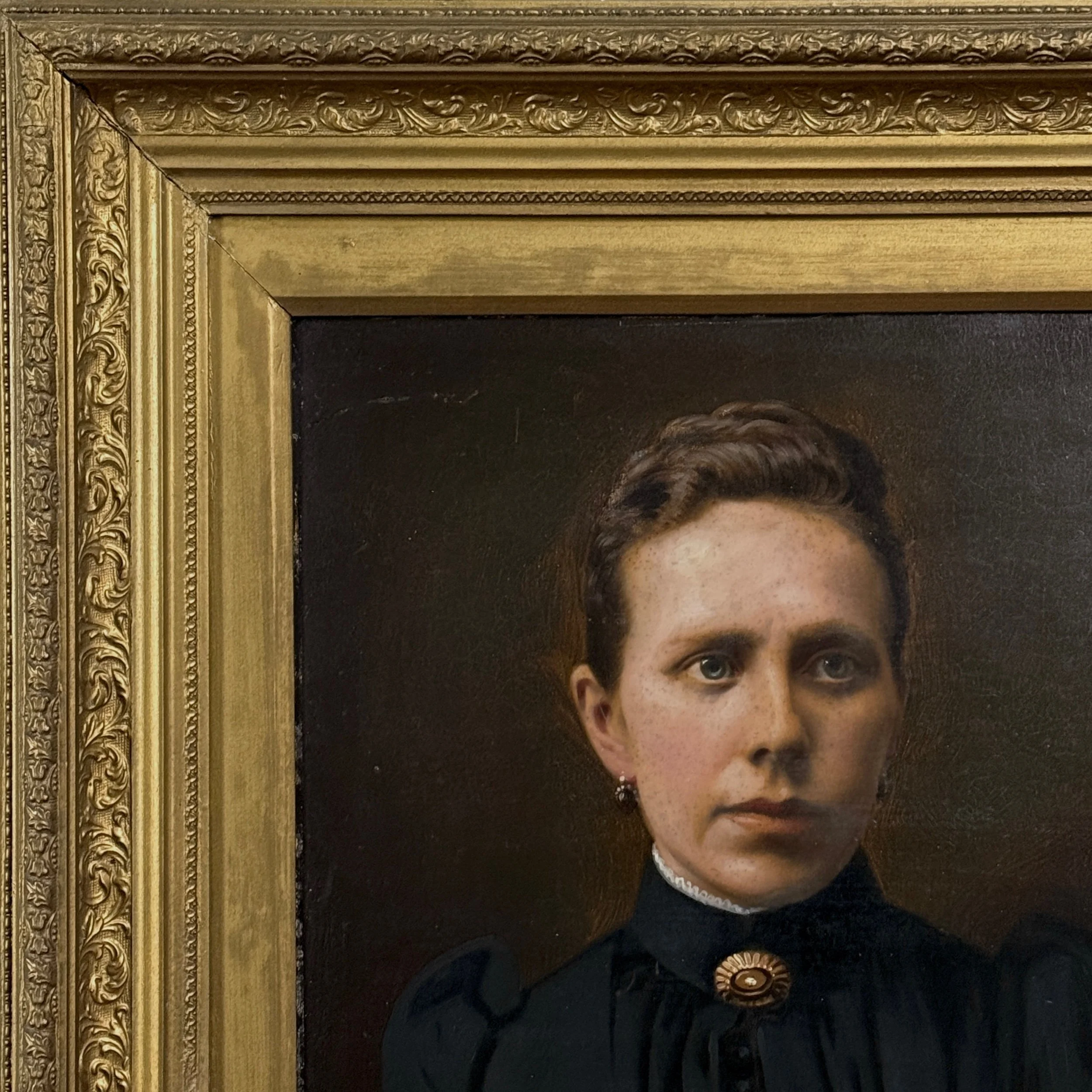 Detail of Antique Victorian British School portrait of a woman, oil on board