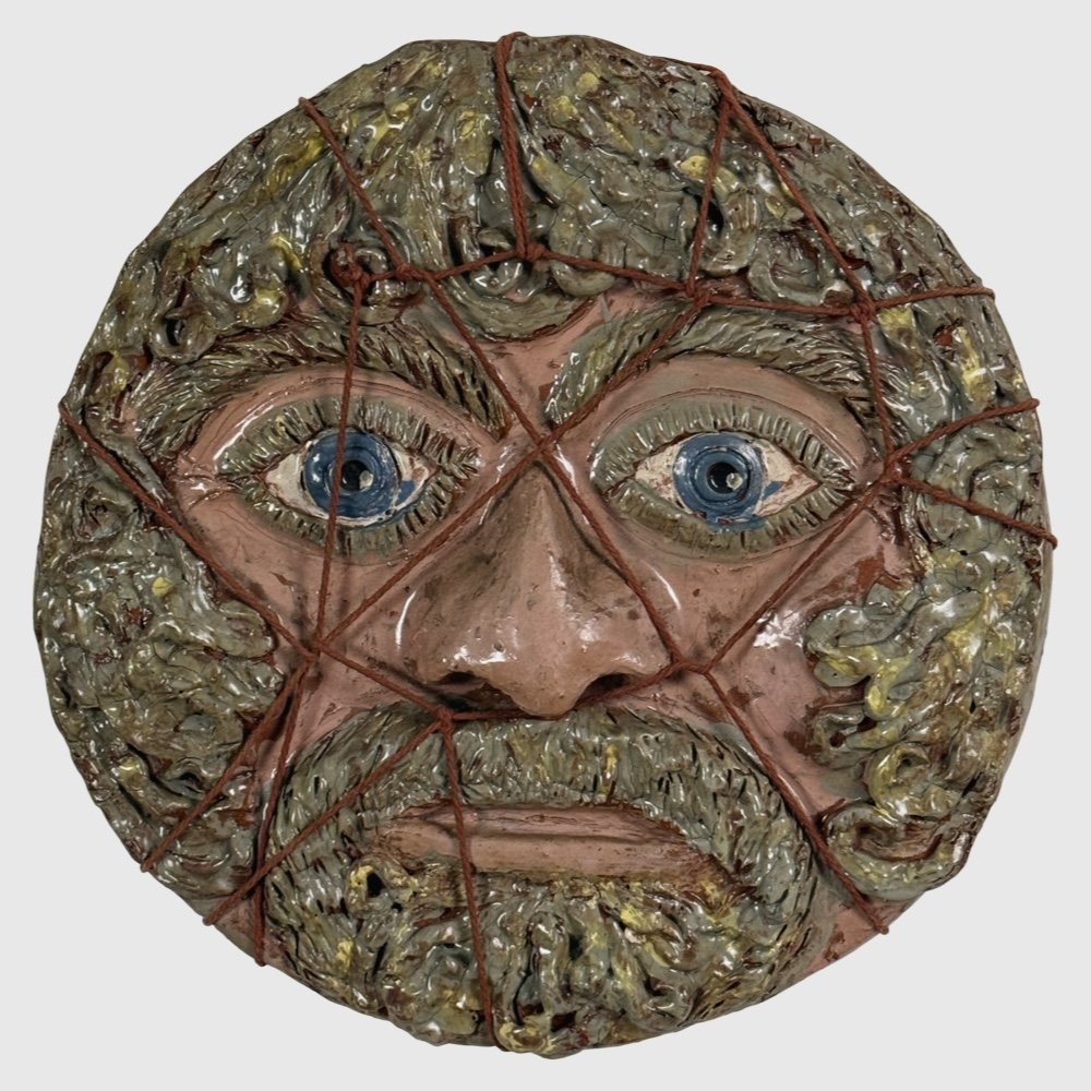 Outsider Art sculptural portrait bas relief plate, bearded man, signed