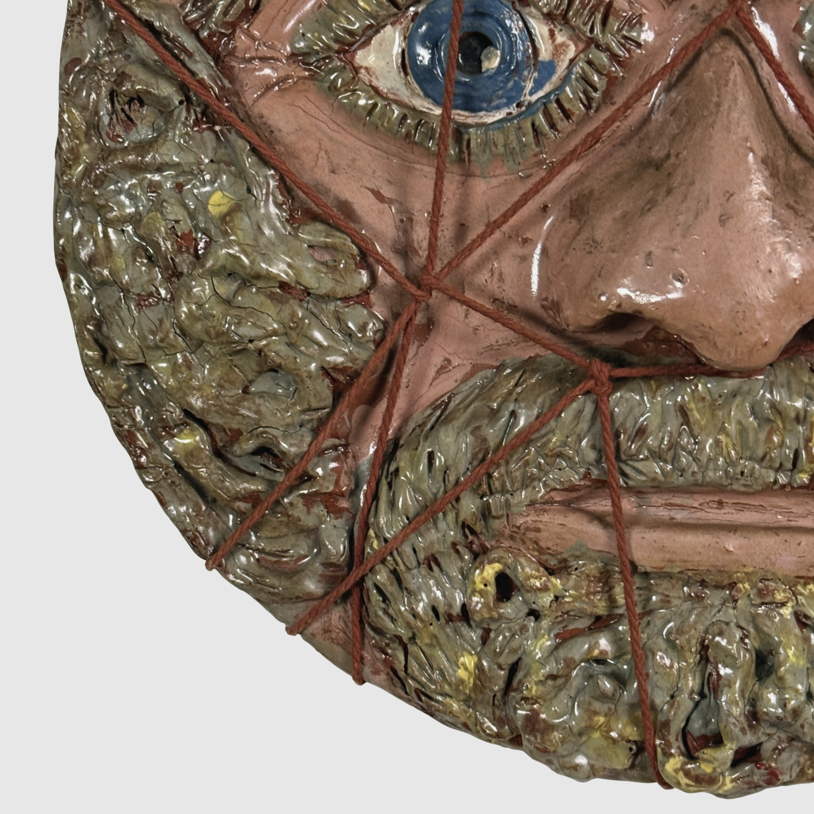 Detail of Outsider Art sculptural portrait bas relief plate, bearded man, signed