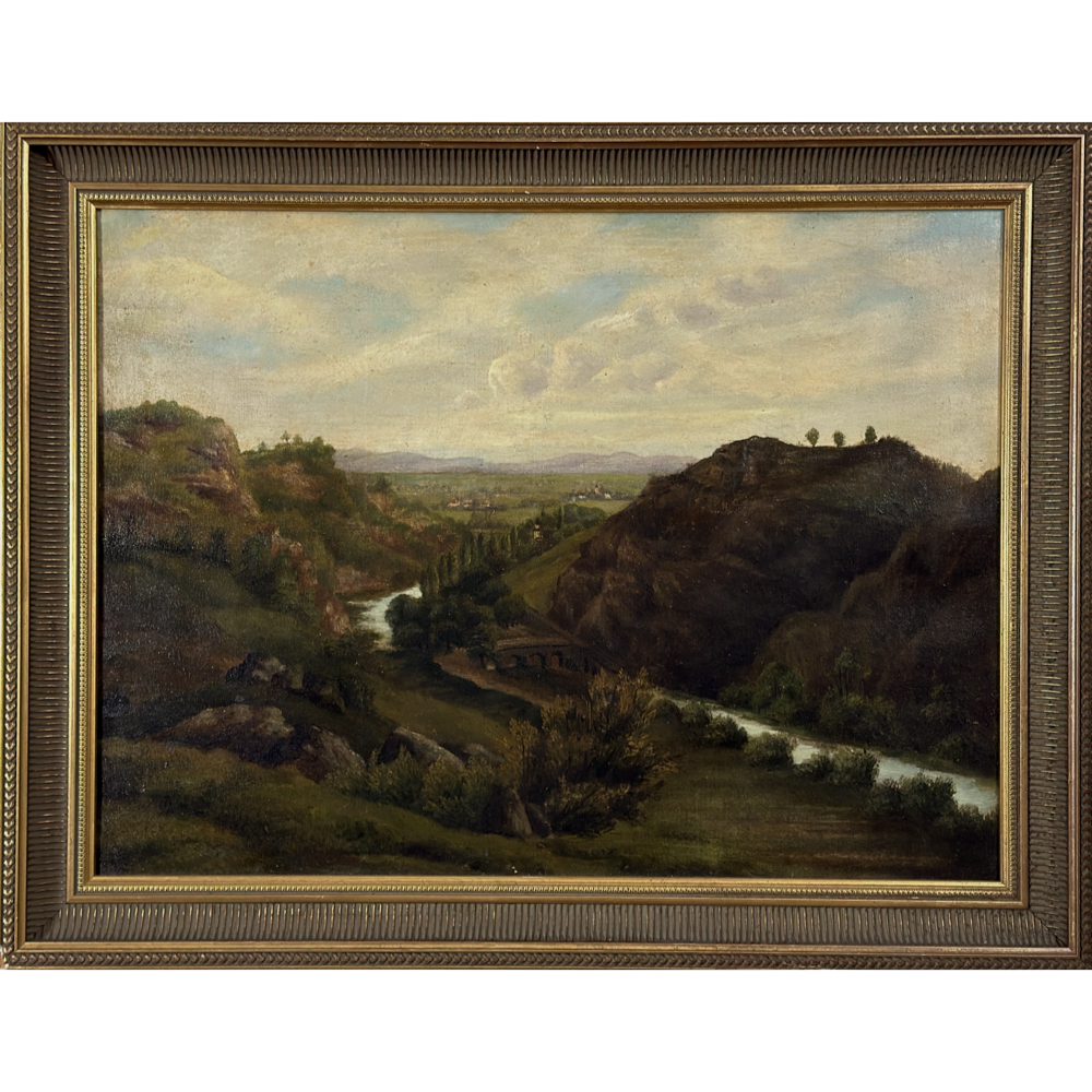 Antique Hudson River School mountainous landscape with river, oil on canvas