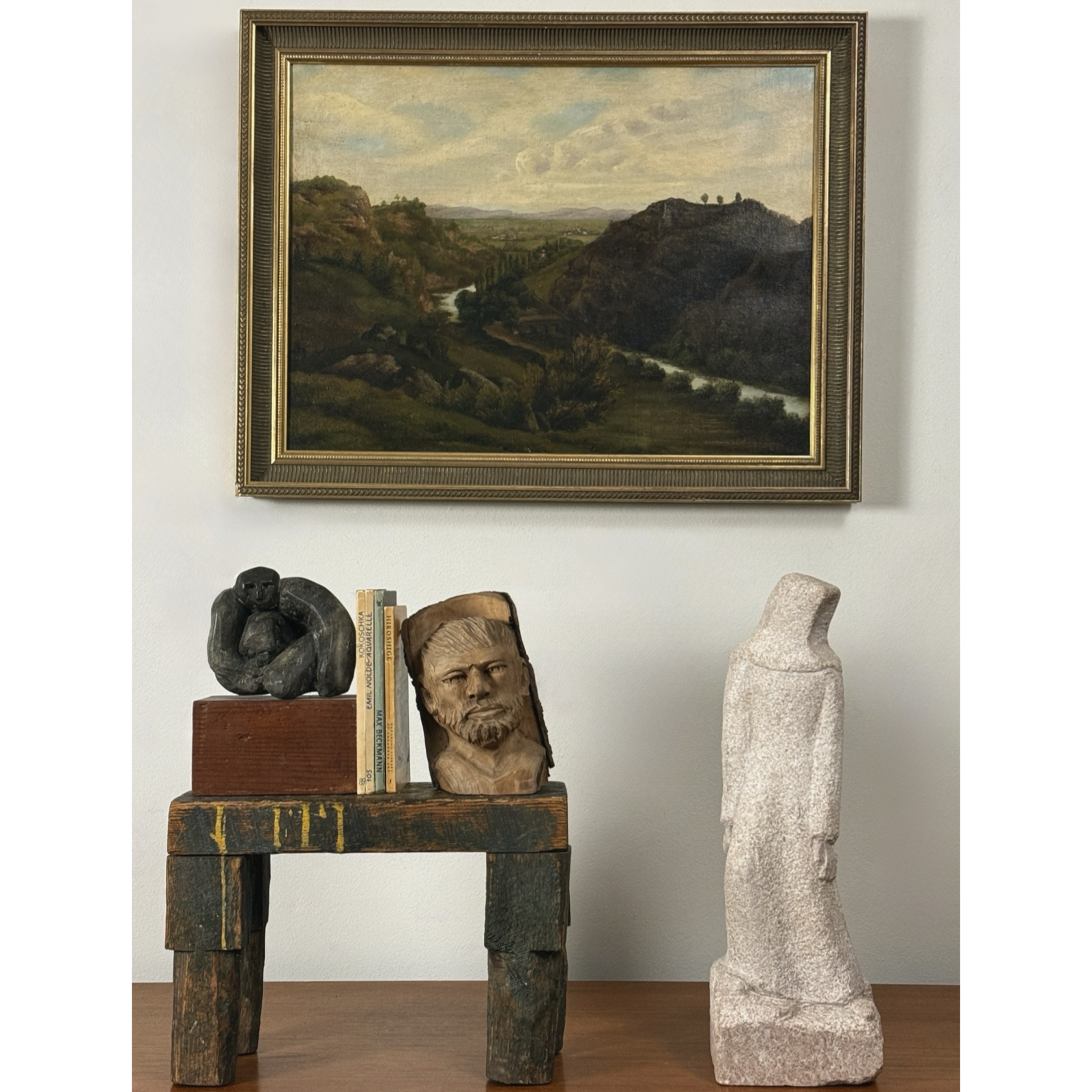 Antique Hudson River School mountainous landscape with river, oil on canvas