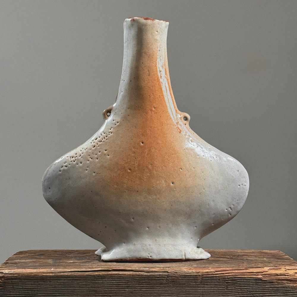 Vintage Postmodernist Asymmetric Flared ceramic Shino glazed Vase, Signed