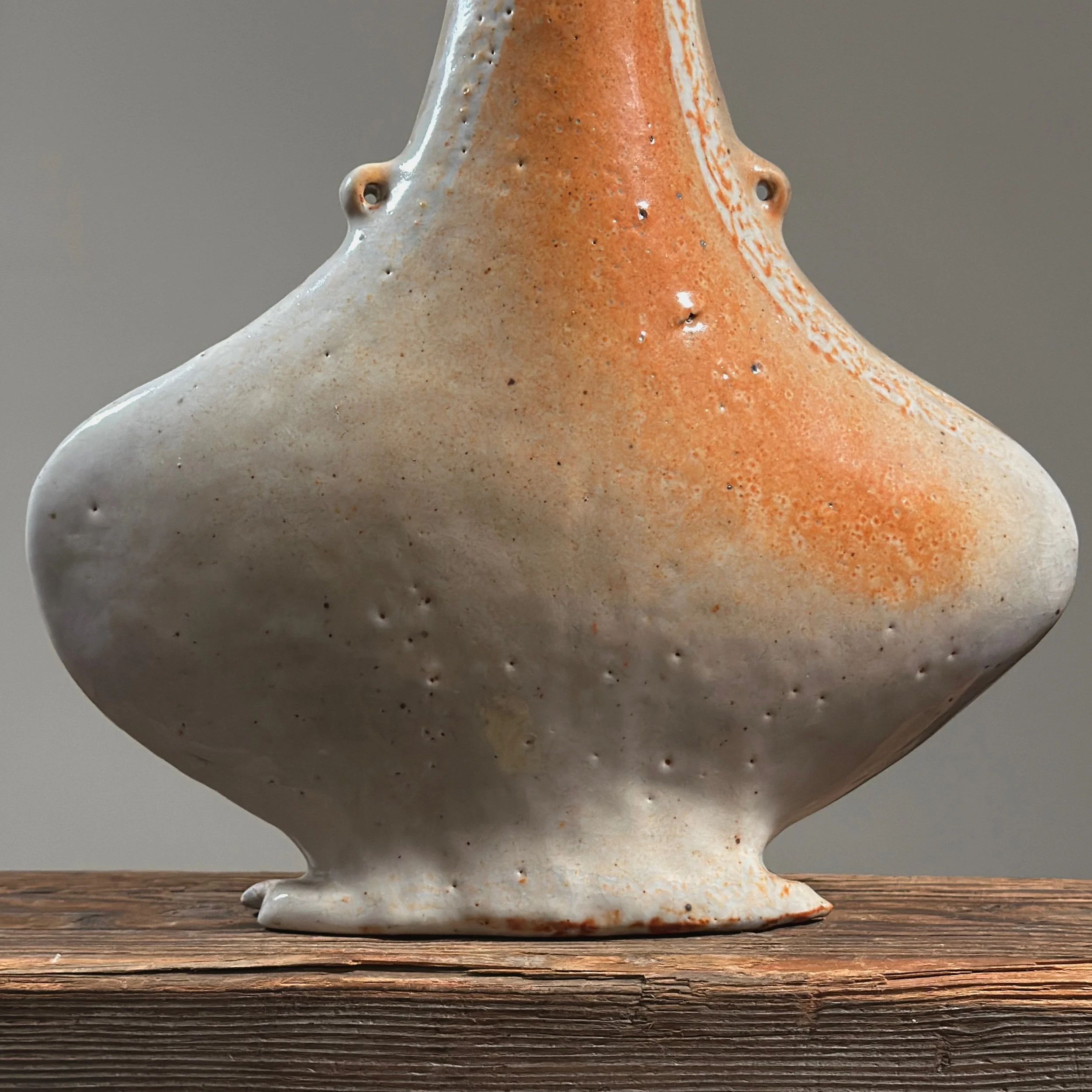 Vintage Postmodernist asymmetric flared Shino glazed vase, signed