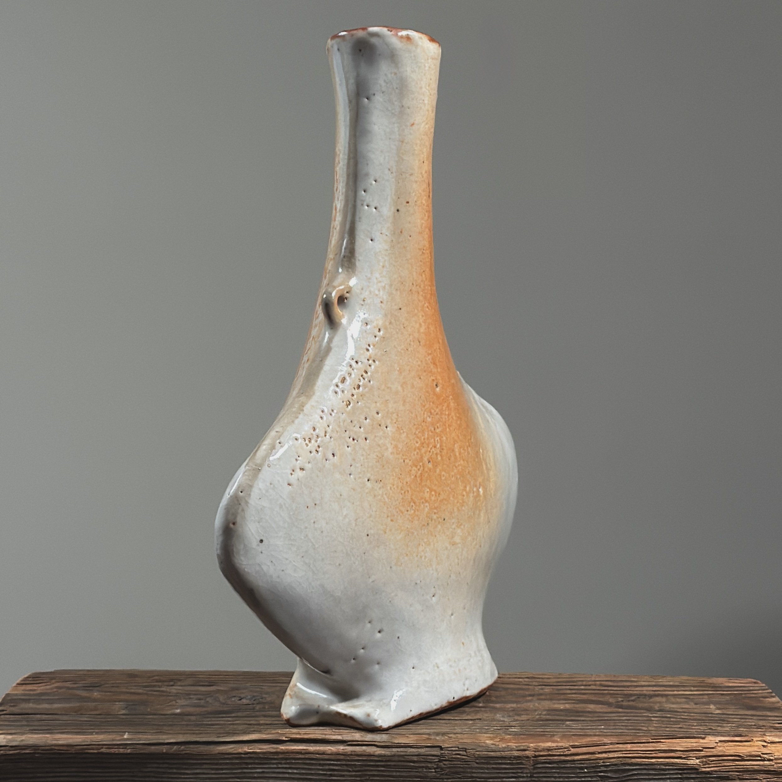 Vintage Postmodernist asymmetric flared Shino glazed vase, signed