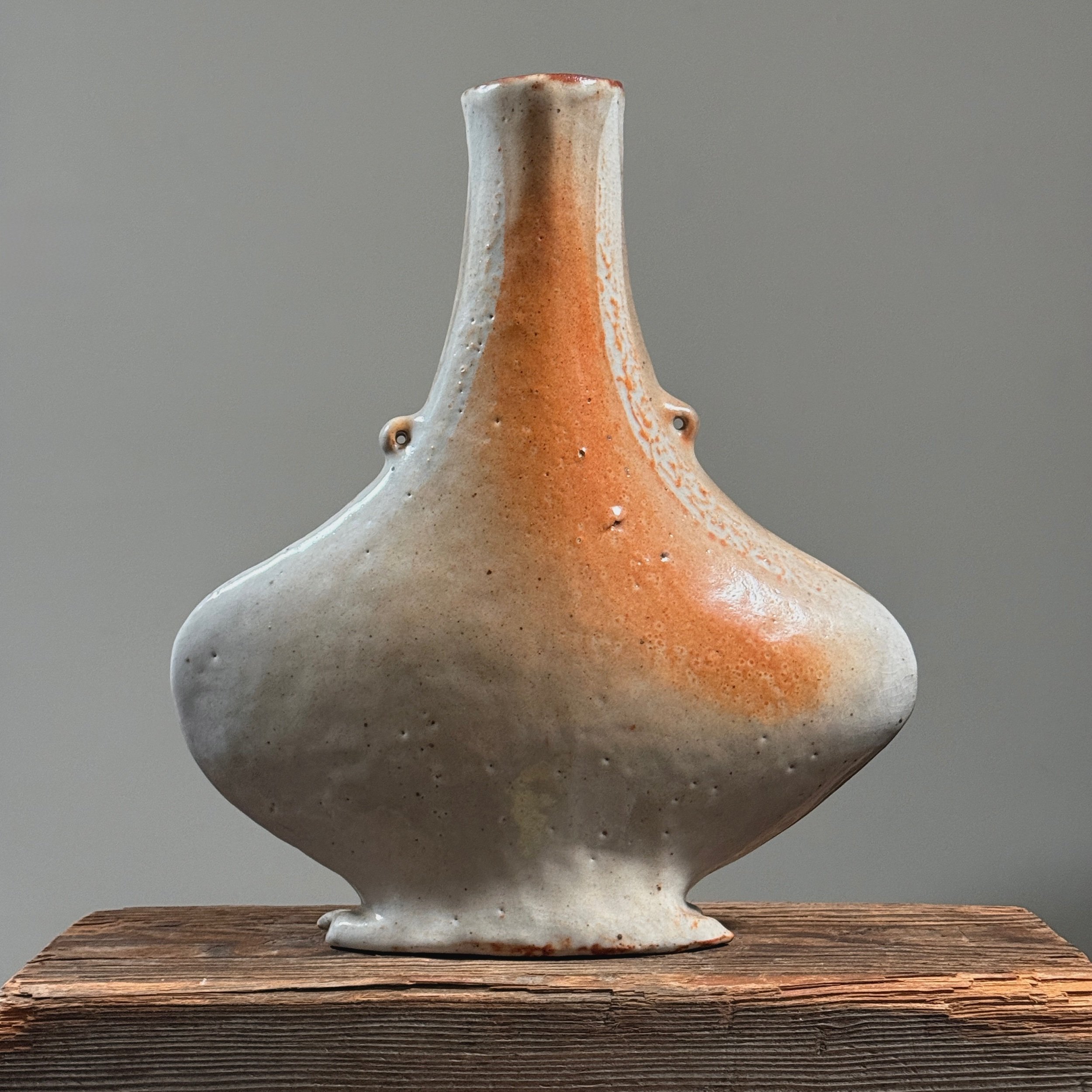 Vintage Postmodernist asymmetric flared Shino glazed vase, signed