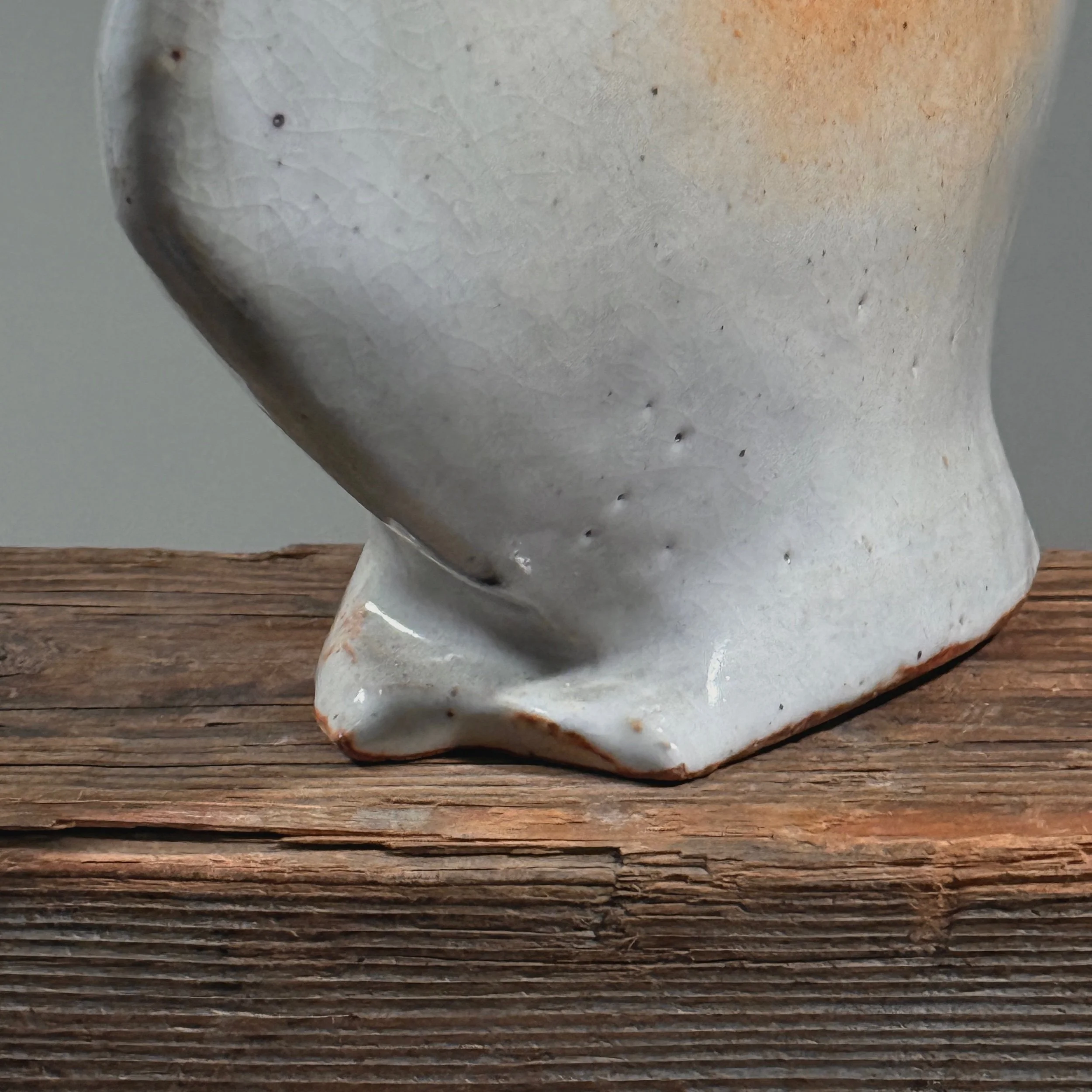 Vintage Postmodernist asymmetric flared Shino glazed vase, signed