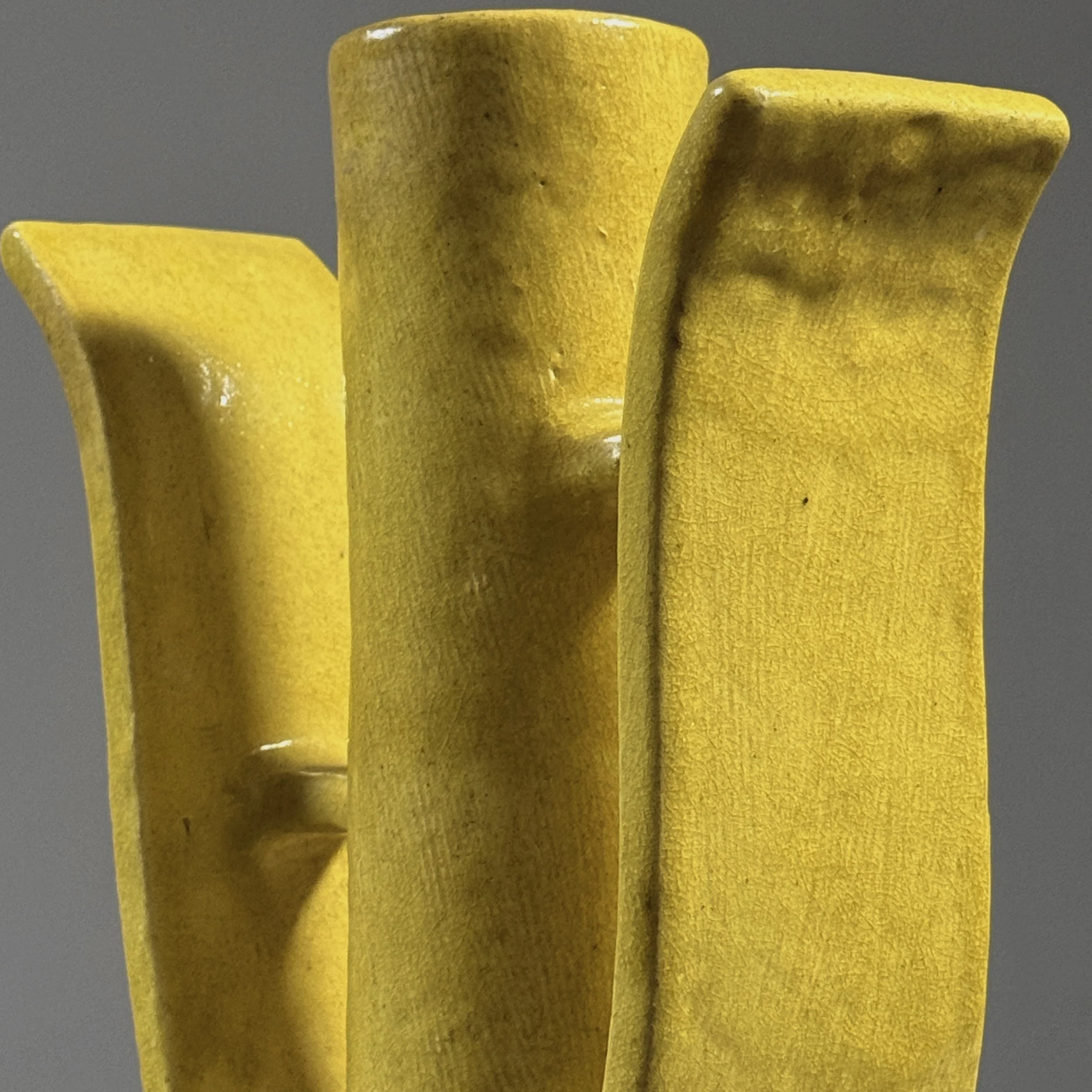 Yellow glazed ikebana vase with two wings and central cylinder, Japanese Postmodernist