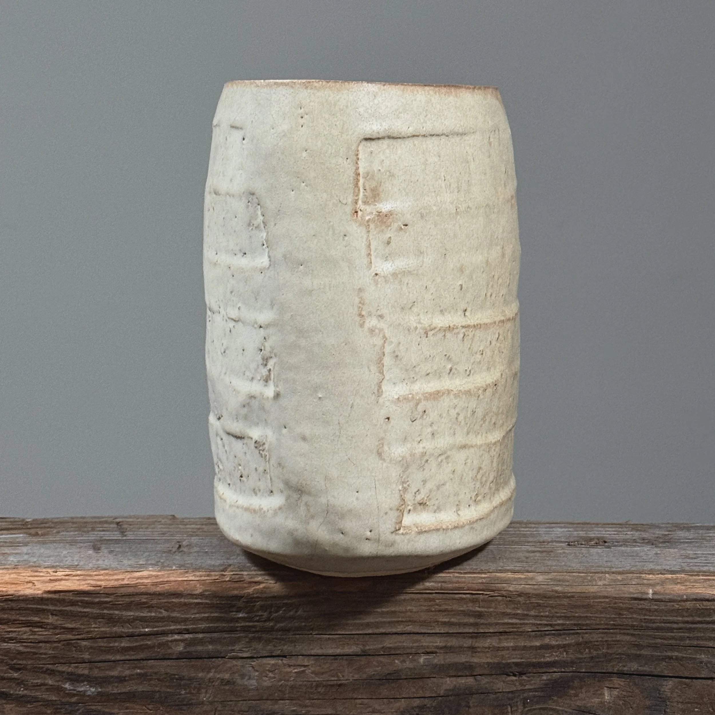Vintage Modernist Japanese oval Shino glazed stoneware vase, signed