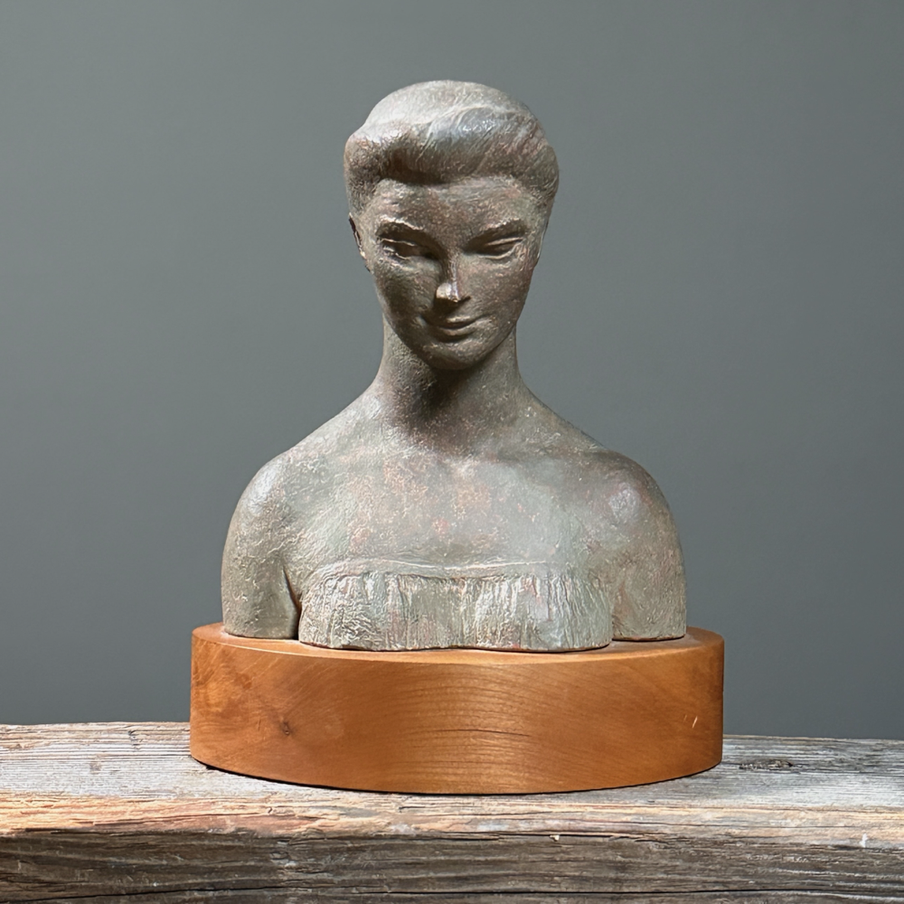Ben Solowey (1900-1978) - Vintage Modernist Painted Plaster Bust on Carved Wood Base, Signed