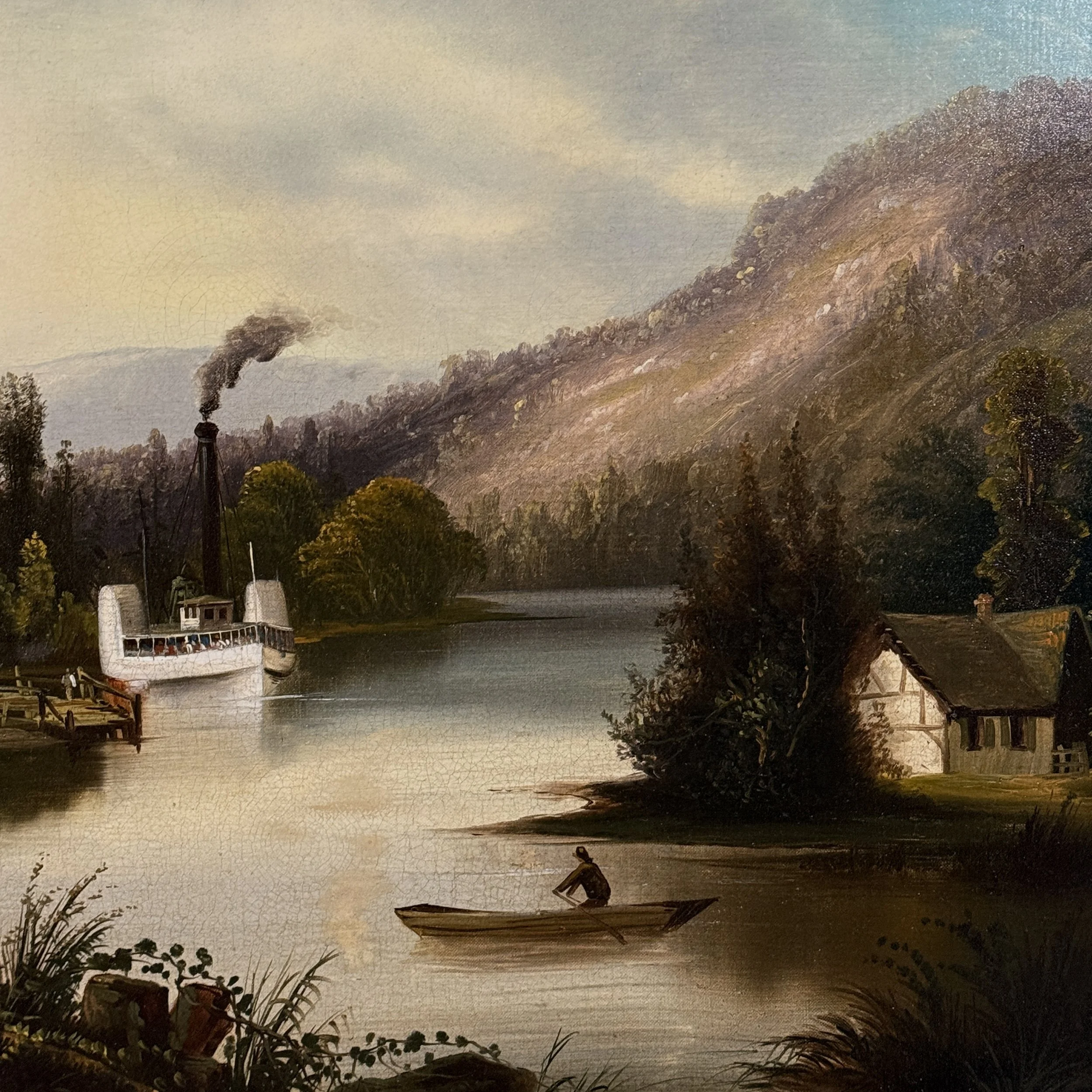 Close-up detail of the steamboat in the background, rendered in characteristic folk art style