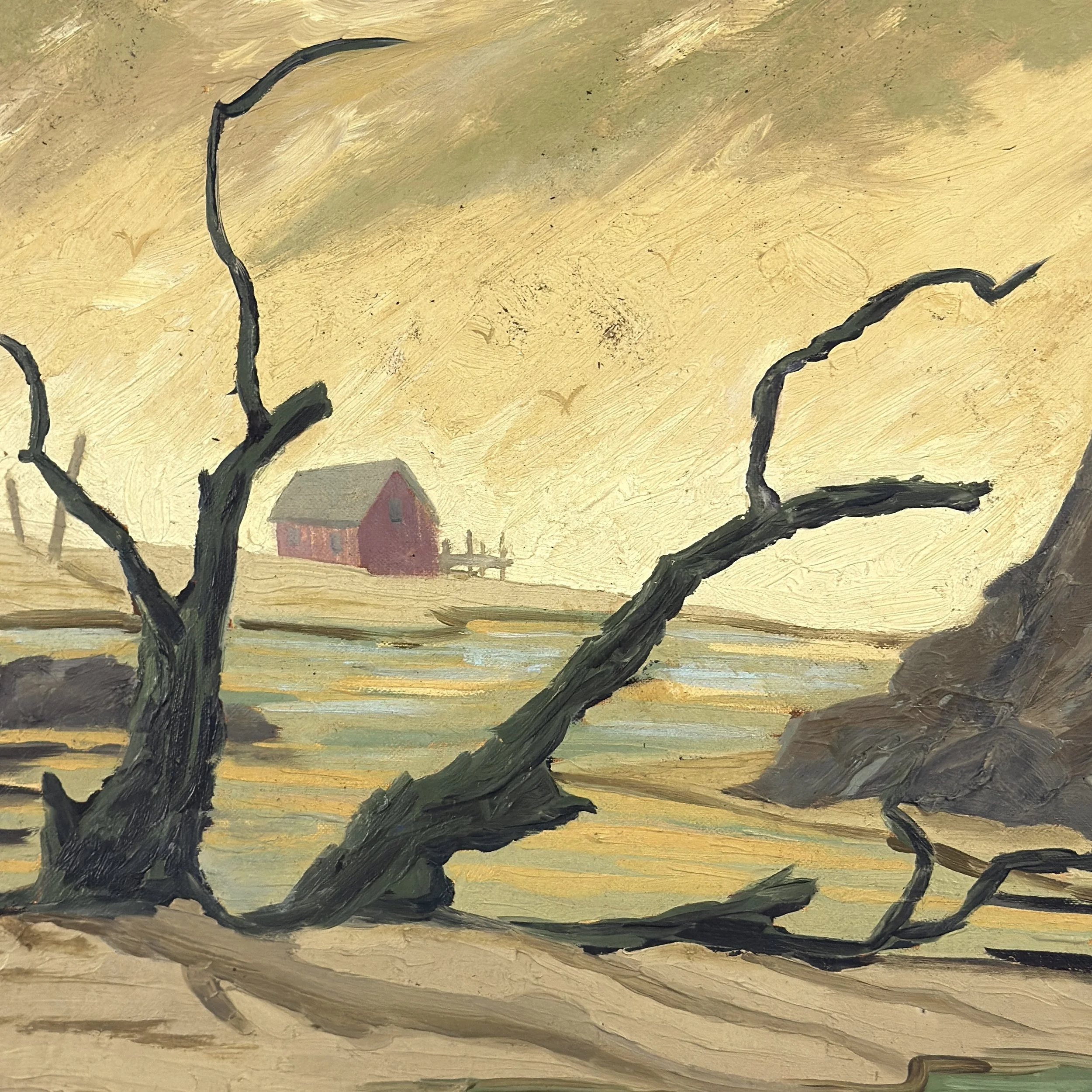 Detail of Vintage Expressionist desolate landscape with dead tree and red house, signed