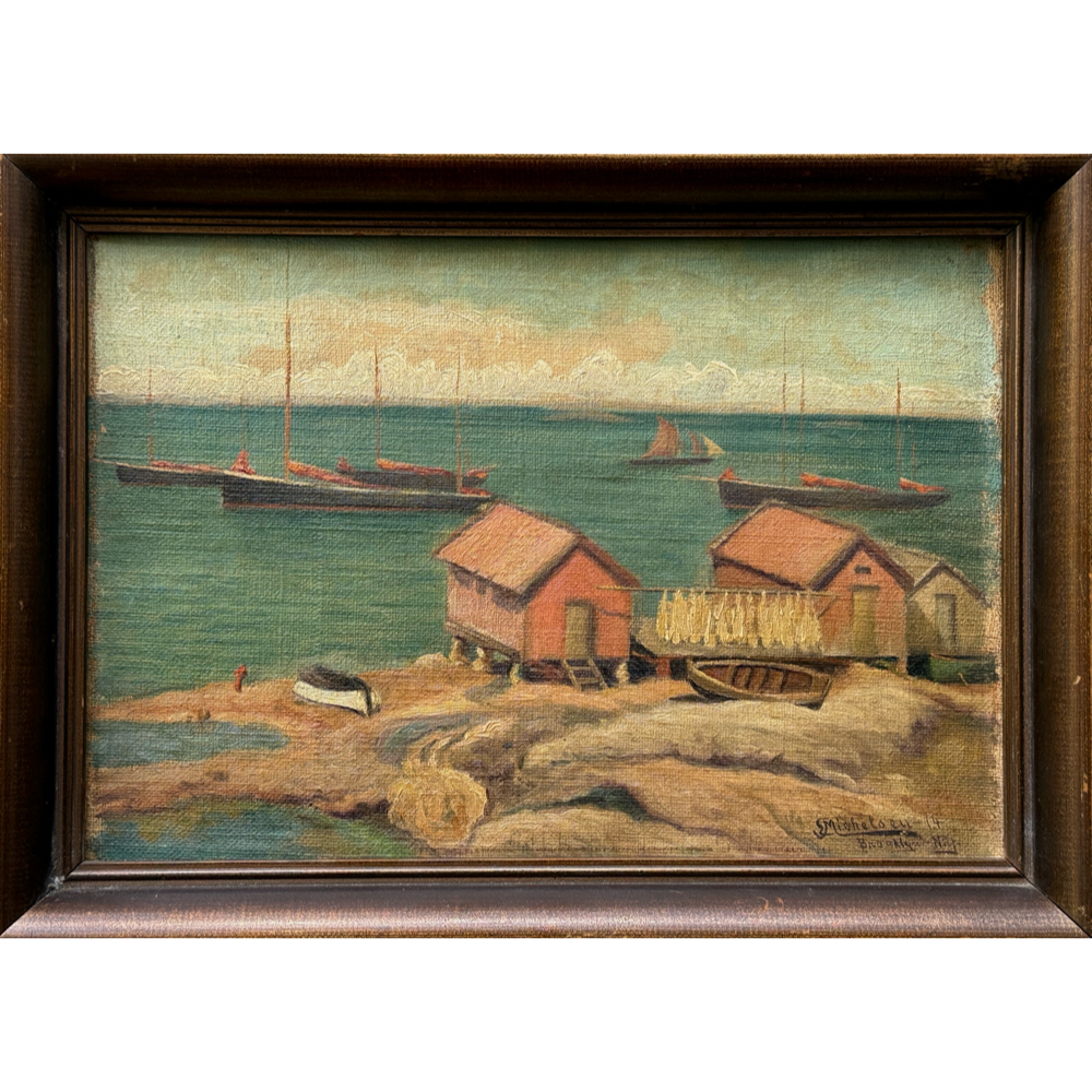 1914 oil on canvas Folk Art harbor seascape with red-roofed huts, boats, and fish nets. Signed illegibly lower right. Original frame. 14.25 x 10.4 in.