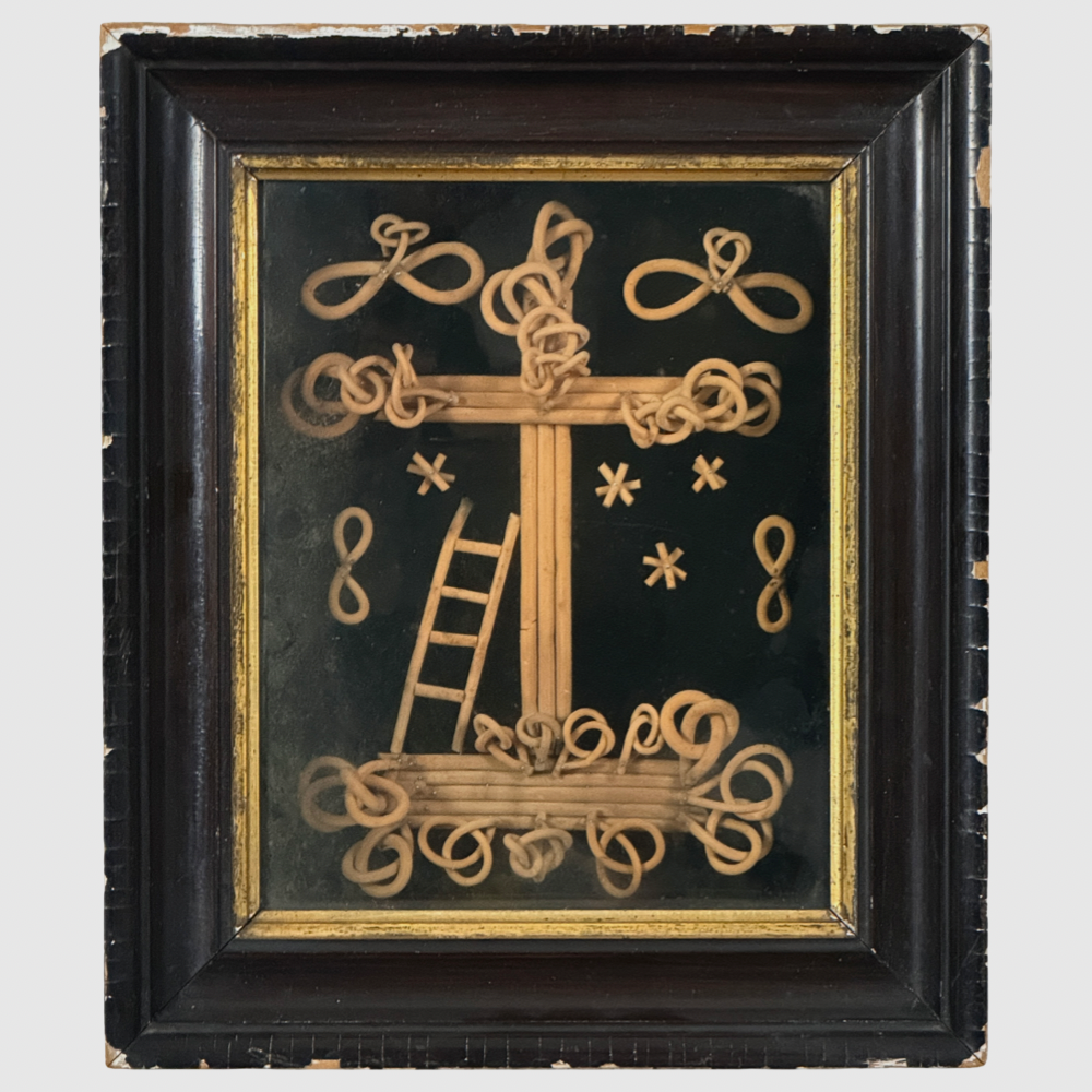 Antique folk art bentwood crucifix diorama shadowbox, framed