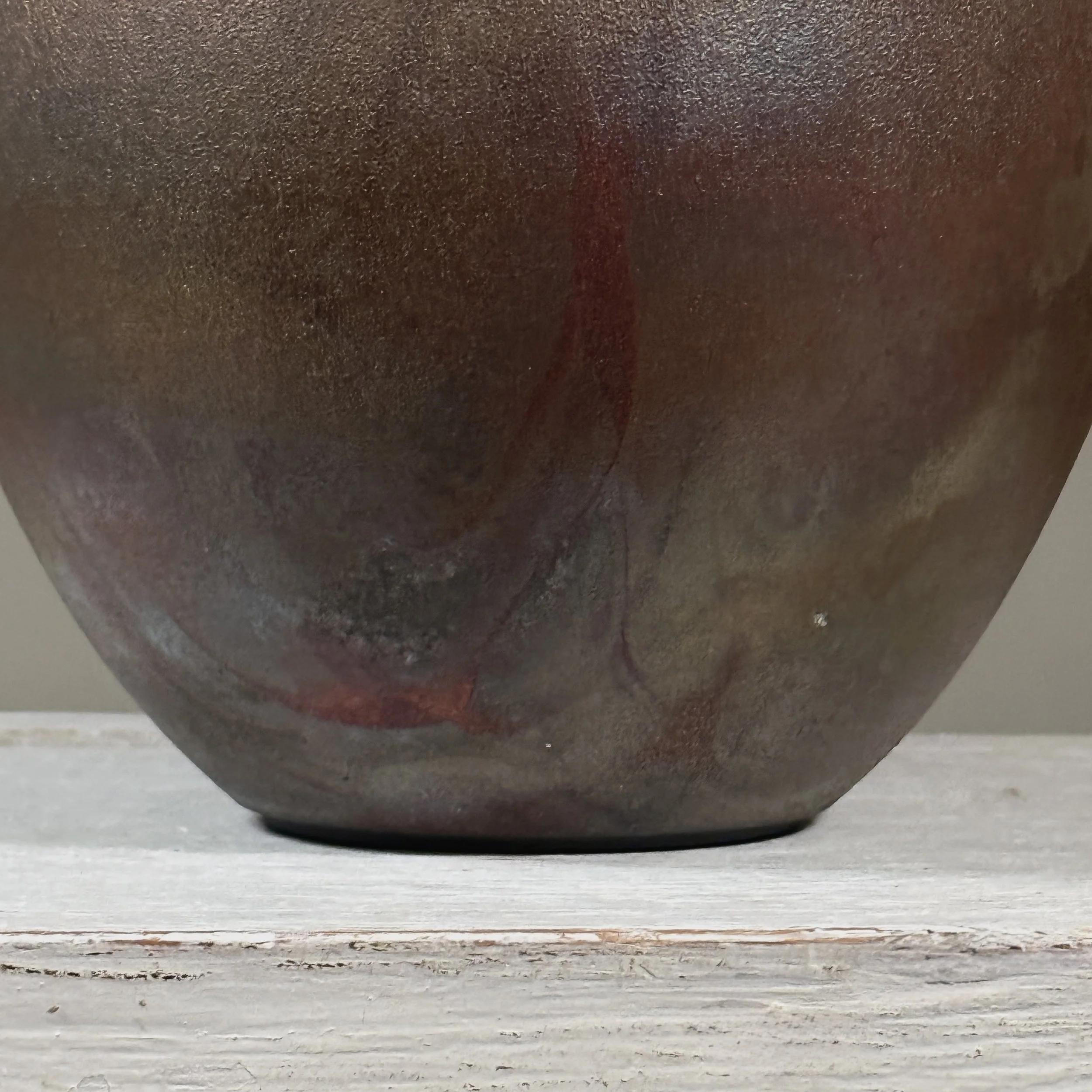Vintage Postmodern raku fired vase, iridescent metallic glaze, signed