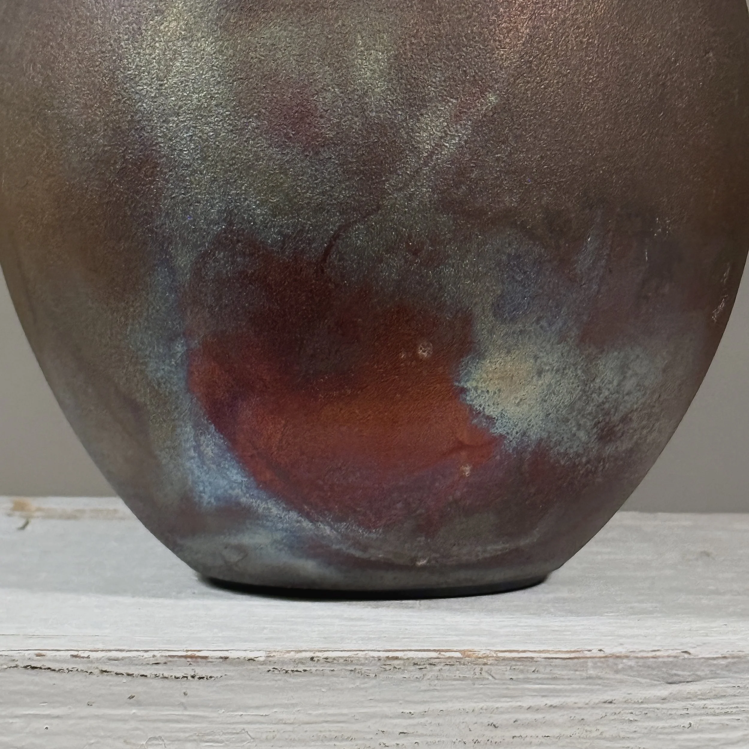 Vintage Postmodern raku fired vase, iridescent metallic glaze, signed