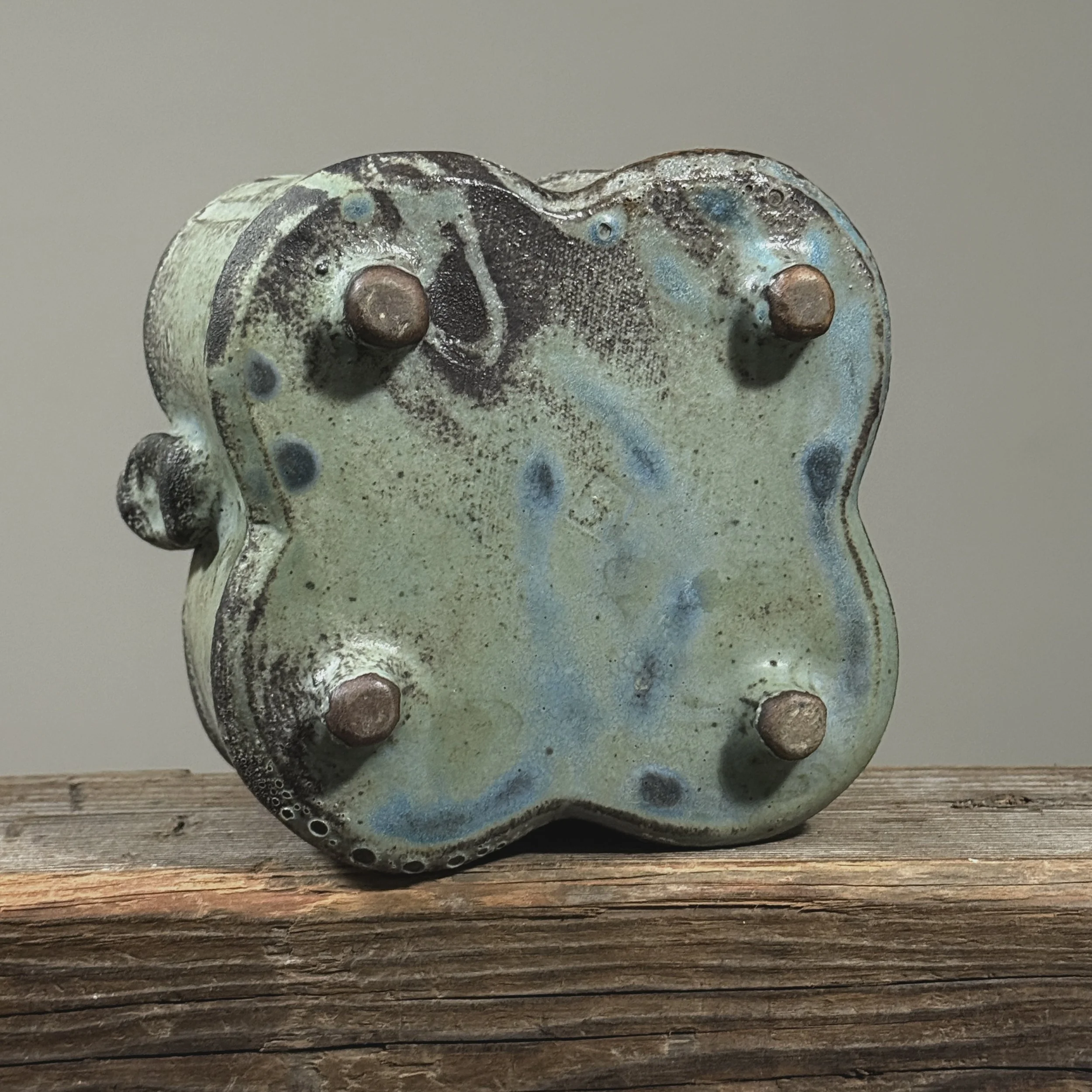 Seiko Kato Behr greenish-blue glazed stoneware vessel with hand-coiled handle