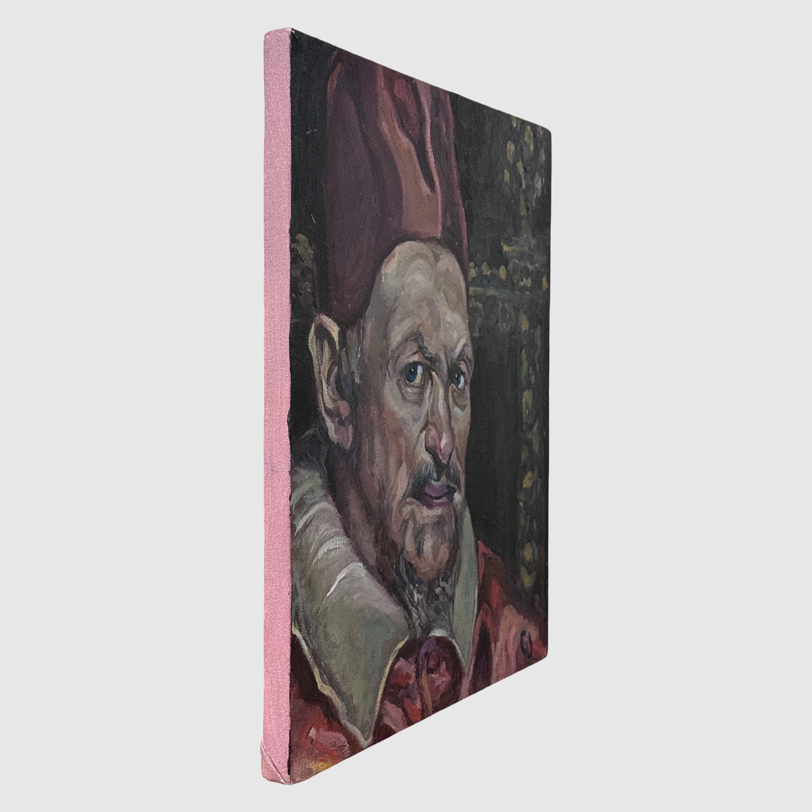 Angled view seated pope figure in chair Expressionist style oil painting
