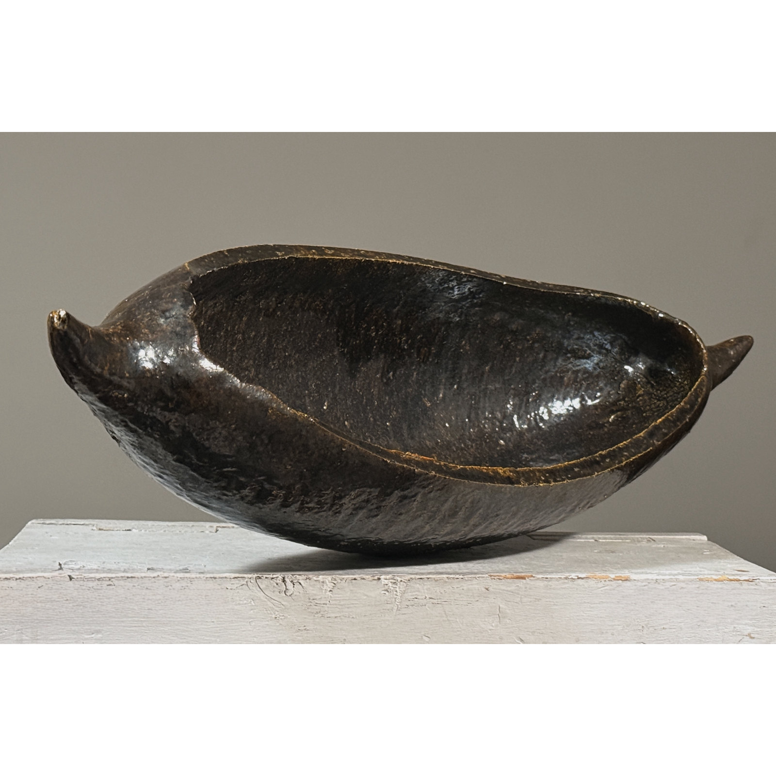 Large vintage Japanese Brutalist abstract wood fired stoneware vessel, signed