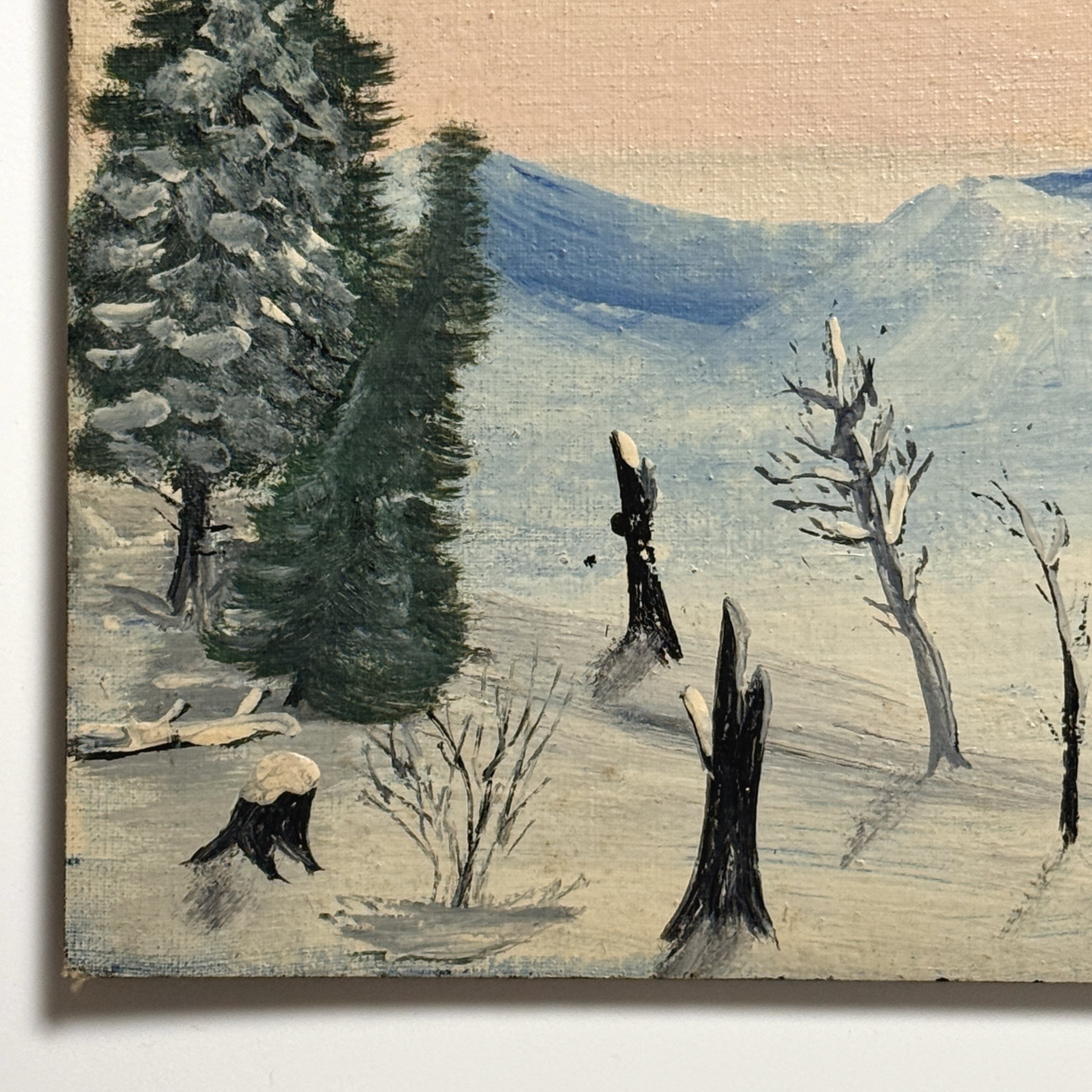 Antique 19th century folk art winter landscape with wolf, oil on board