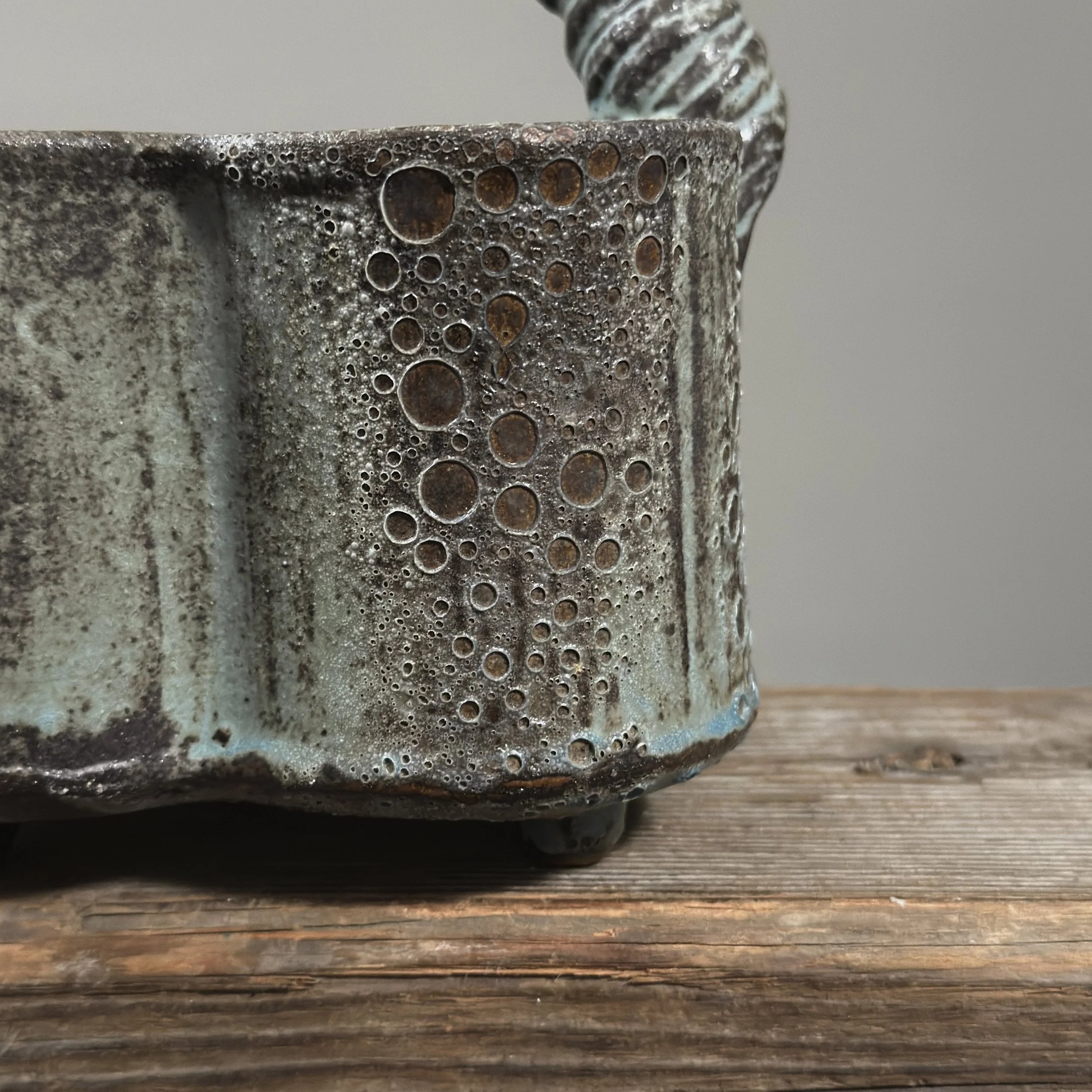 Seiko Kato Behr greenish-blue glazed stoneware vessel with hand-coiled handle