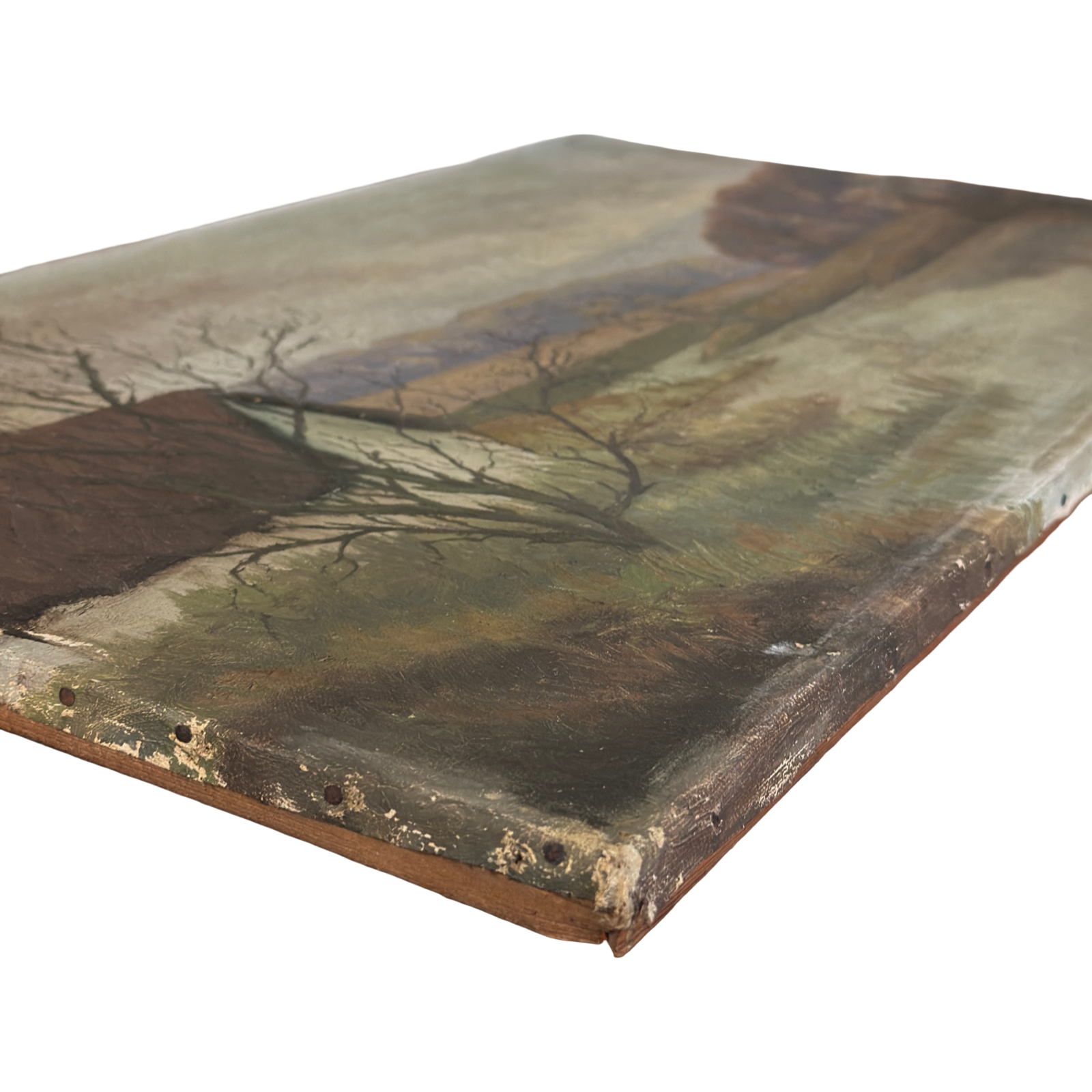 Angled view winter landscape cottage riverbank heavily impasto paint surface