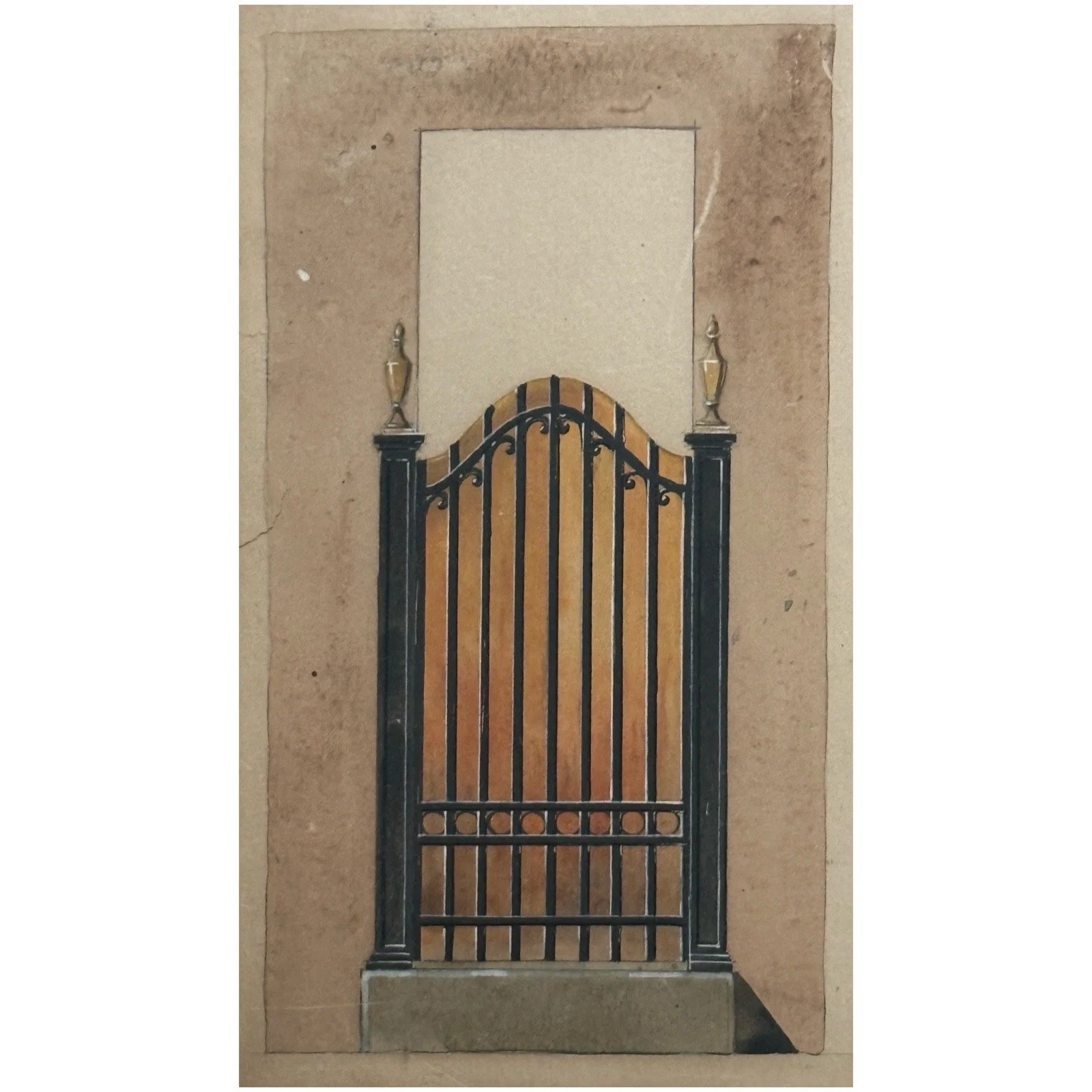Detail of wrought iron gate with urn finials in architectural design study