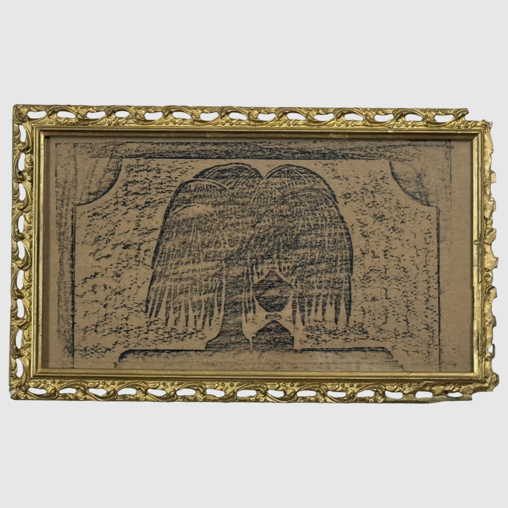 Antique folk art grave rubbing with weeping willow on paper, framed