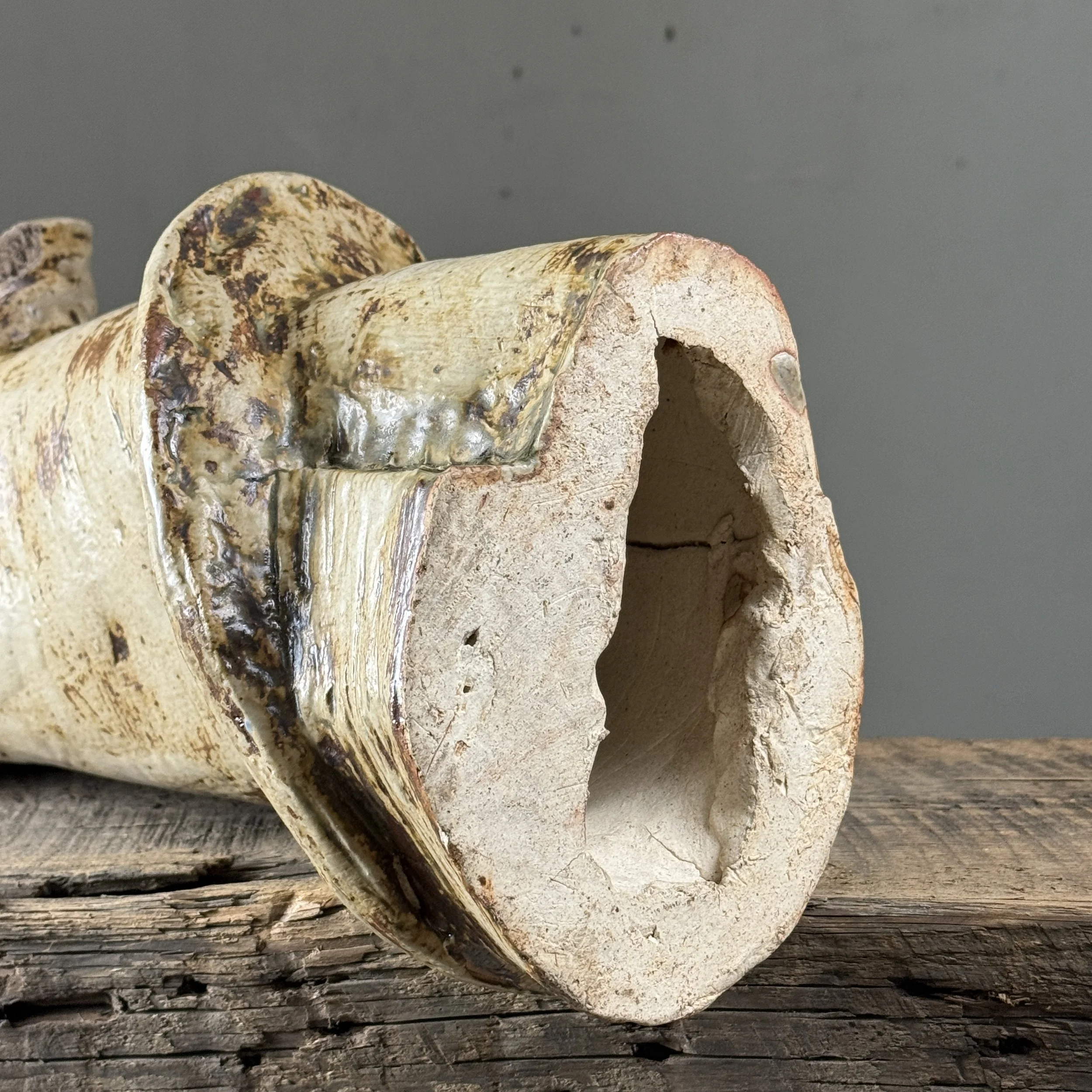 Vintage Brutalist beige glazed ceramic sculpture with three cups