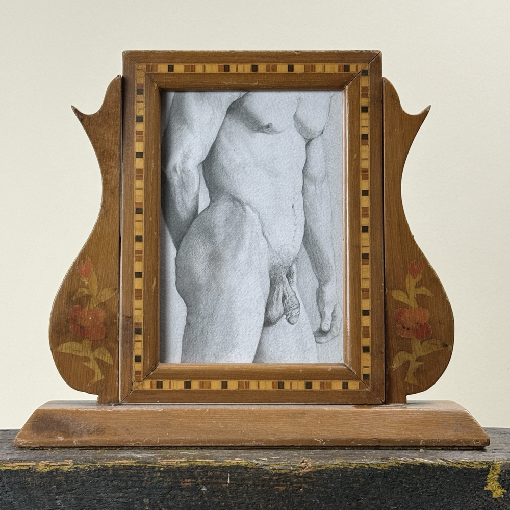 Realist Male Figurative Nude in Antique Inlay Art Nouveau Frame (Graphite on Paper)