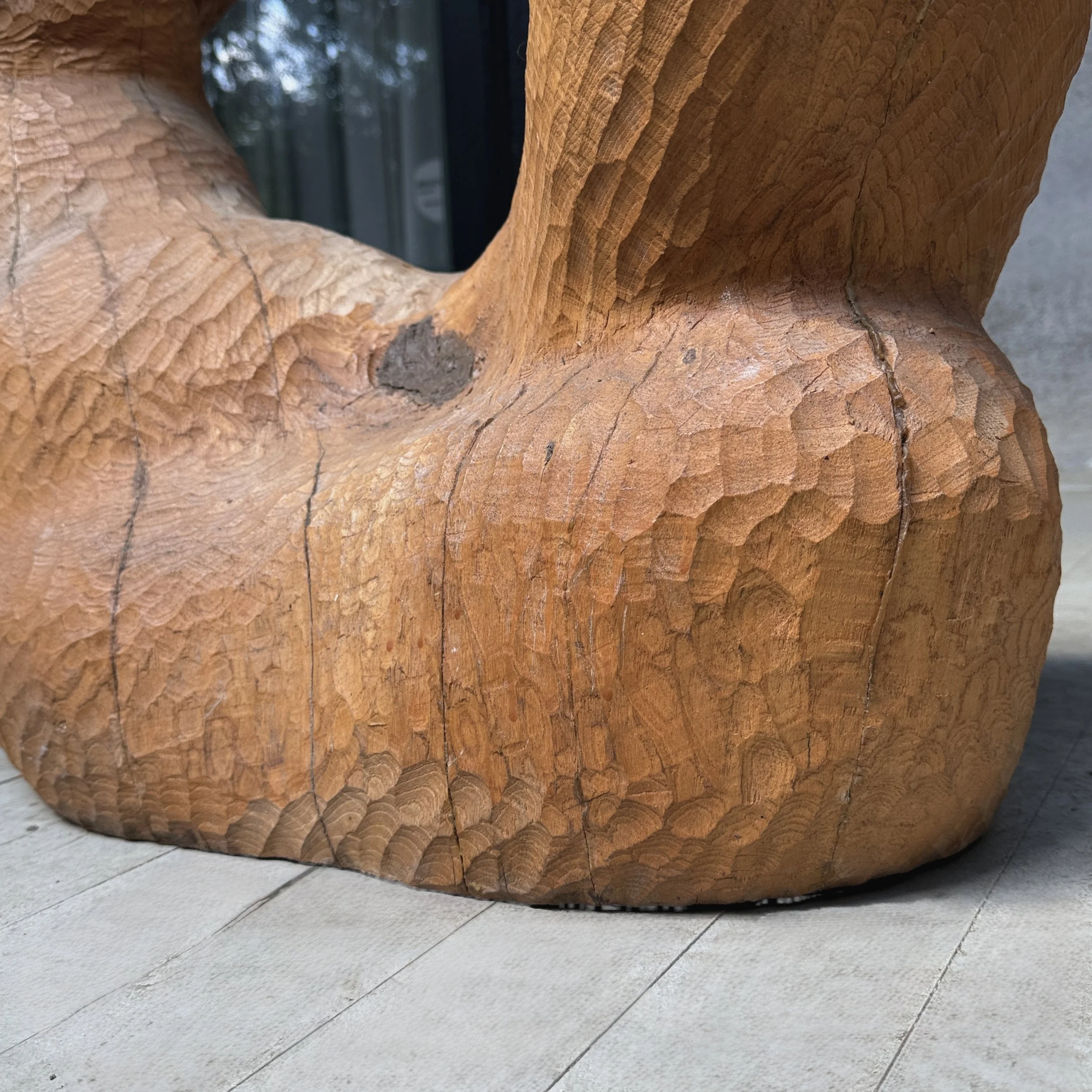Macro detail of chip carved surface texture and wood grain