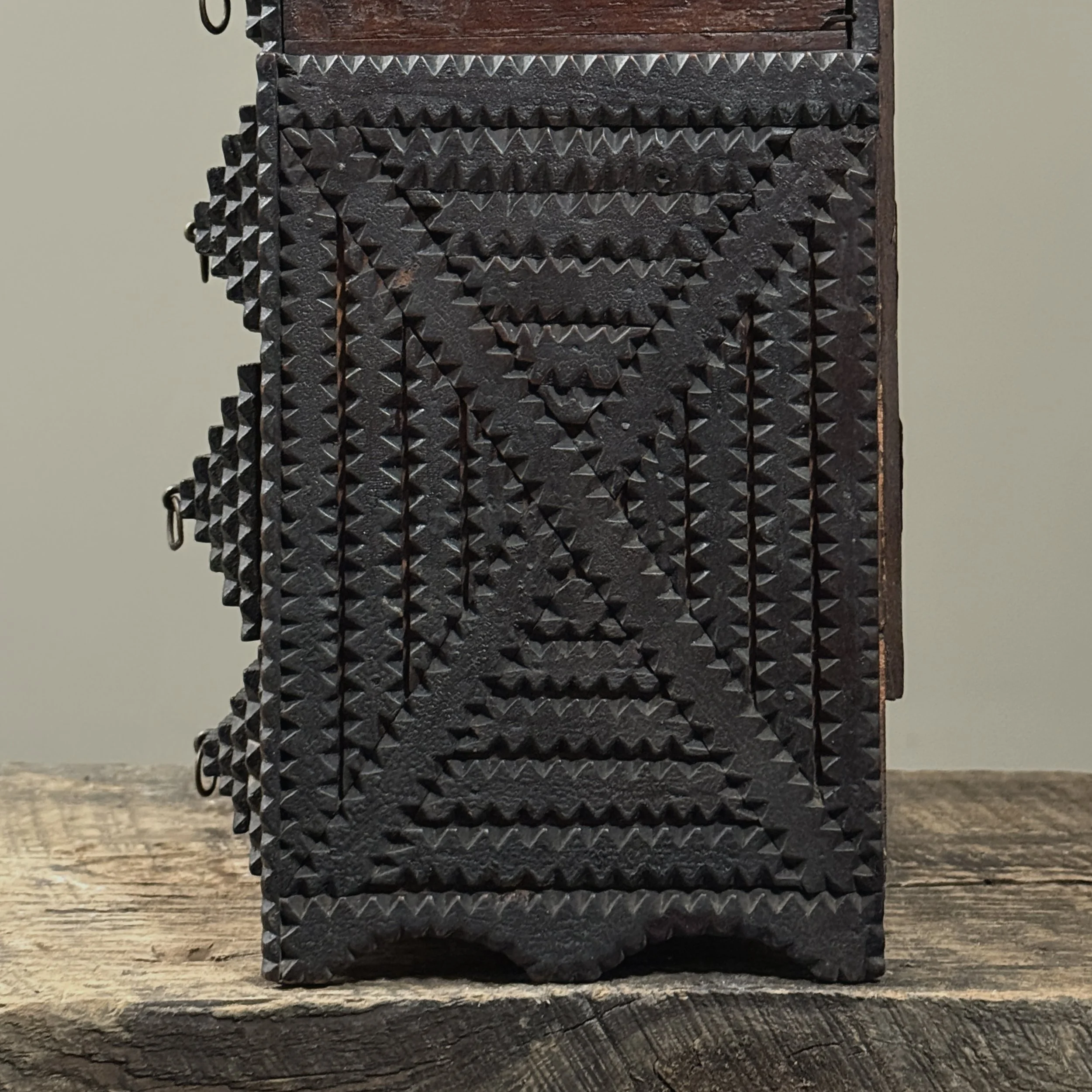 Antique American tramp art chip carved tabletop dresser